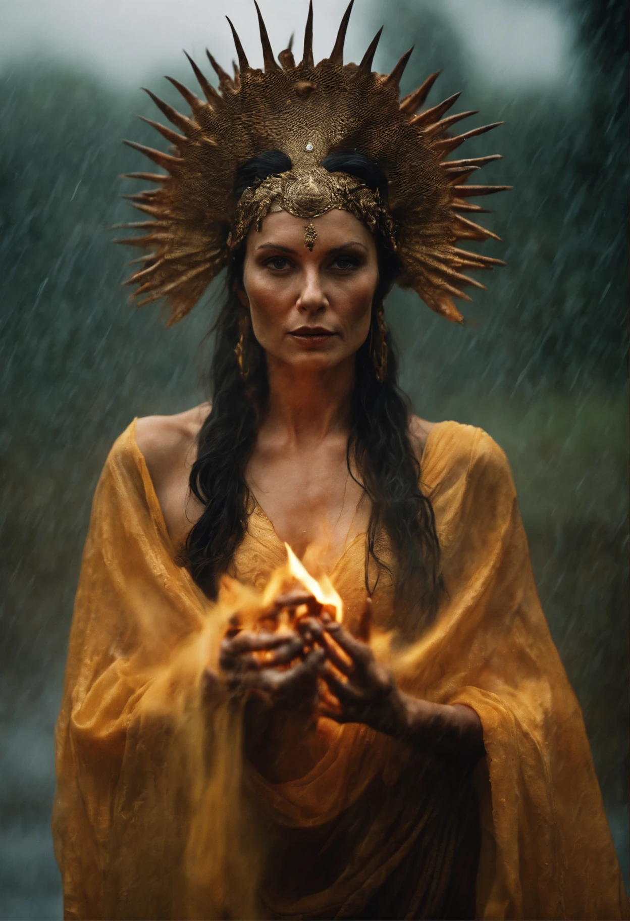 (((Character portrait shot))) (((no hands))) No Background, Blur reflection, wildebeest horns, Rain ambient, Oil On Canvas, naked woman, 50mm, cinematic, kodak portra 400, photograph by Martin Schoeller, Natural Light,(aboard a hell flame:1.50), intense coloration fantasy, (wearing white kimono orange black and hollow mask:0.5) Demon Alien Zombie Women Sexy PinHead Ganesha Fire head, Yellow Blood Ash, Blur reflection, Rain ambient, Oil On Canvas, Brush Strokes, dynamic pose