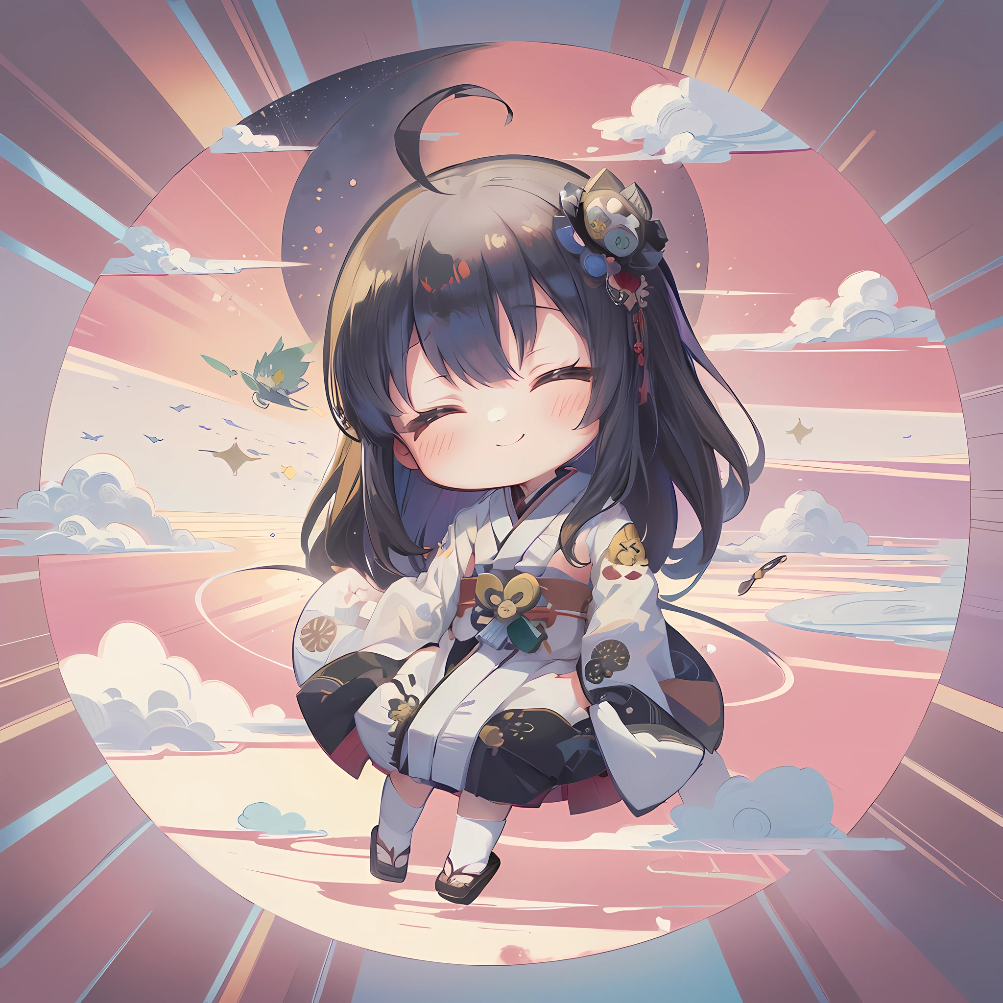 (masterpiece:0.1), (best quality:1.2), (extremely detailed1.2), marbling, marbled patterns, abstract art, floating cloud effect, rainbow theme, (heavenly maiden:1.5), (hagoromo:1.9), (a girl), (solo), full body, ahoge, closed eyes, (black long hair:1.3), (deformed:1.3), (chibi character:1.3), Japanese style, blue sky, (floating in aerial:1.4), flying over the sky, under zero gravity, crepuscular rays, smile, (lotus pattern), mandara,