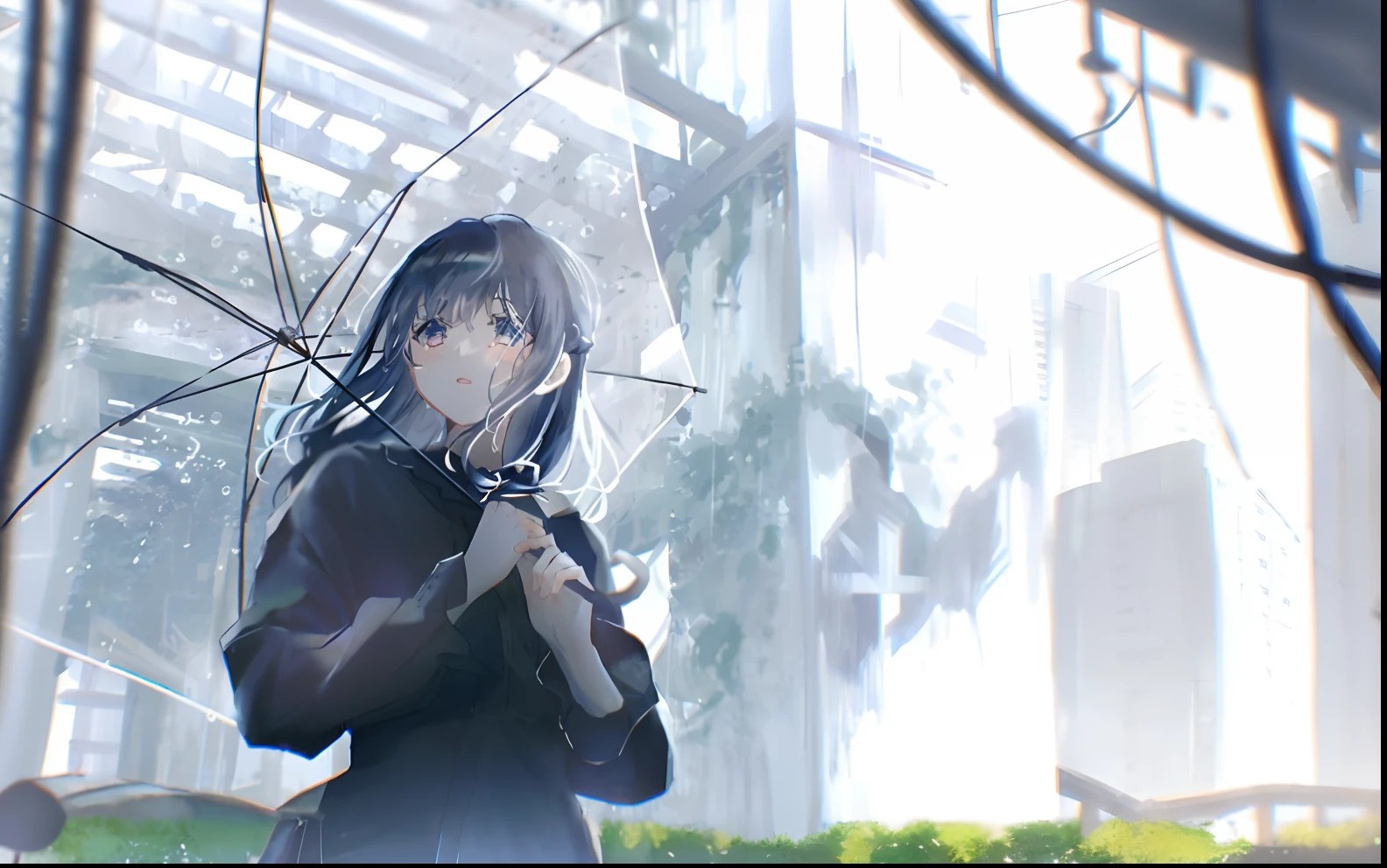 Anime girl with umbrella in urban environment, Anime art wallpaper 8 K, Anime art wallpaper 4k, Anime art wallpaper 4 K, anime visual of a cute girl, Beautiful anime artwork, Stormy weather. Makoto Shinkai, Gloomy. By Makoto Shinkai, Beautiful anime art, author:Hosomura Kane, 4K anime wallpaper