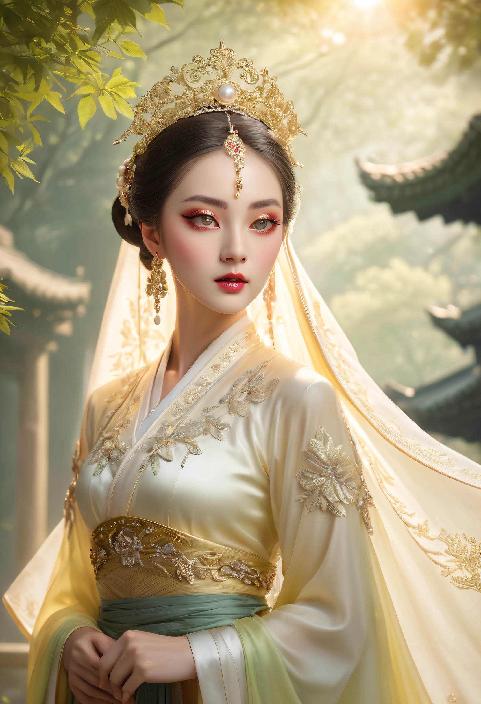 (best quality,4k,highres,masterpiece:1.2),ultra-detailed,realistic,photorealistic:1.37,(beautiful detailed eyes),(beautiful detailed lips),(extremely detailed eyes and face),(long eyelashes),pearl headpiece,garden setting,ethereal woman with a veil,ethereal beauty, (beautiful fantasy queen),palace,a girl in a Hanfu costume,Hanfu,inspired by Huang Ju, inspired by Jin Nong, exotic style, exotic princess, wuxia fantasy, inspired by Lan Ying, beautiful Tang Dynasty, Shaxi, golden scarf with an ethereal touch, sunlight streaming through trees