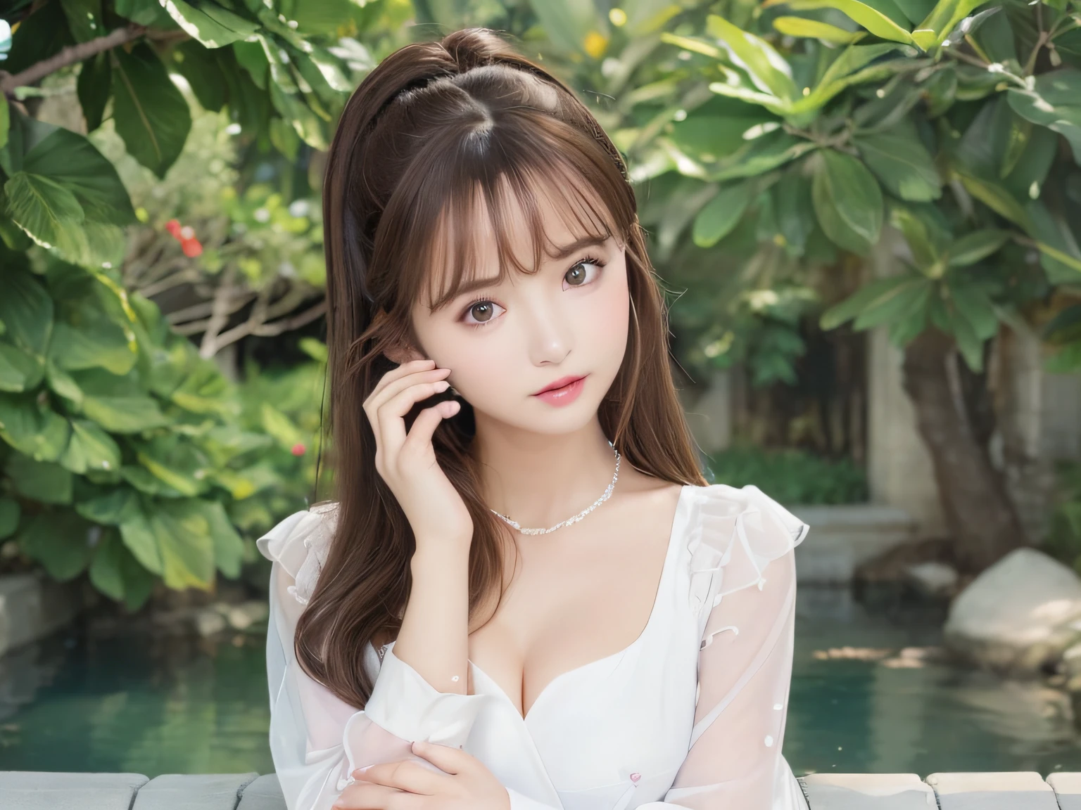 pureerosface_v1, top-quality, Photorealsitic, 8K, hight resolution, ２People Girls, femele, (Skindentation), (portlate:0.6), a gorgeous, dynamicposes, ((poolsidebackground:1.6)), coconut tree, ((Medium Size Round Breast, White blouse:1.4)), straight look at viewer:1.8, (1 Girl's eyes looking at the viewer, medium lenght hair, brown haired, Putted Bangs:1.65), (bokeh dof), (Keep your mouth shut:1.46),a necklace、 Twintail hairstyles,Blue eyes、