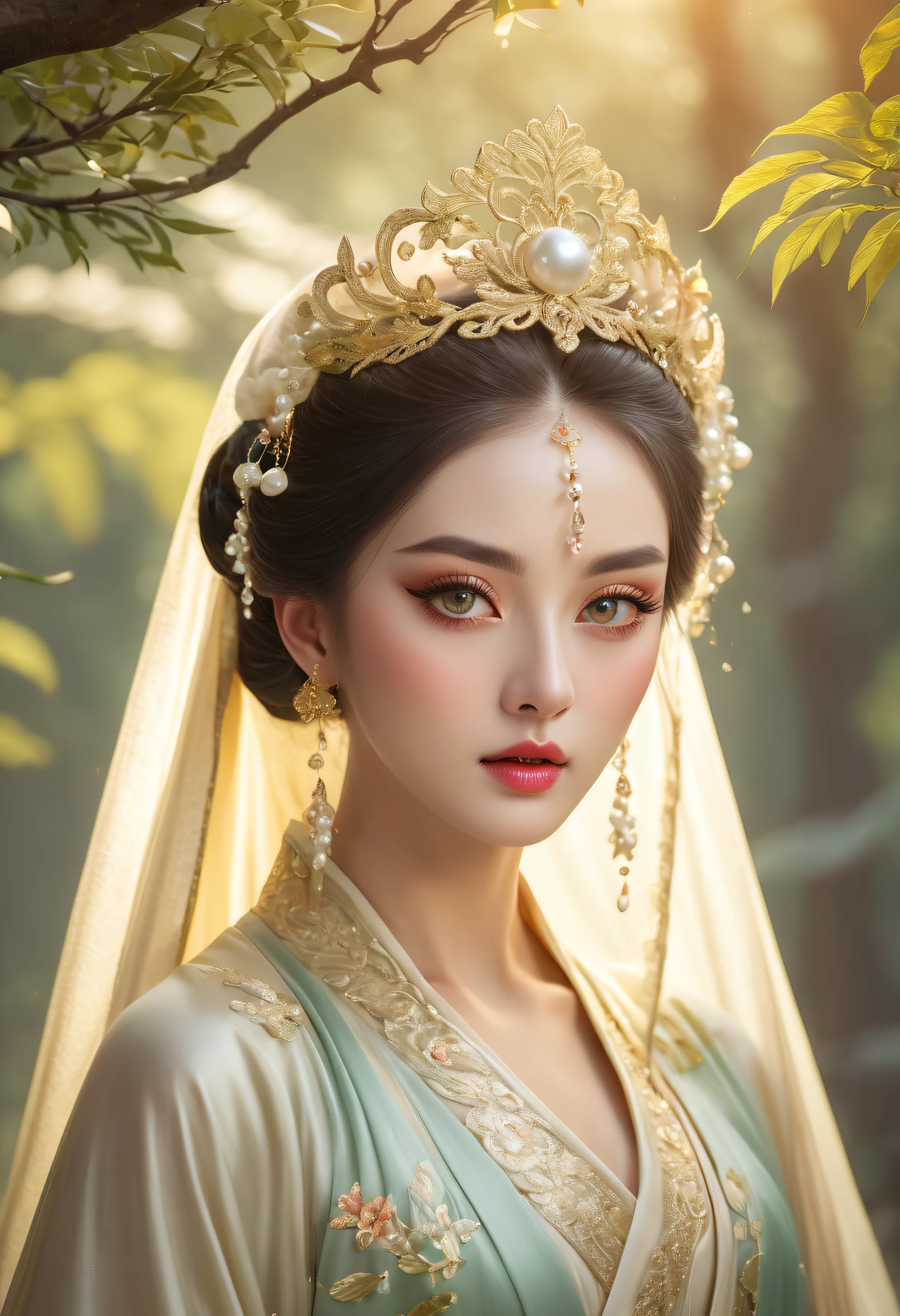 (best quality,4k,highres,masterpiece:1.2),ultra-detailed,realistic,photorealistic:1.37,(beautiful detailed eyes),(beautiful detailed lips),(extremely detailed eyes and face),(long eyelashes),pearl headpiece,garden setting,ethereal woman with a veil,ethereal beauty, (beautiful fantasy queen),palace,a girl in a Hanfu costume,Hanfu,inspired by Huang Ju, inspired by Jin Nong, exotic style, exotic princess, wuxia fantasy, inspired by Lan Ying, beautiful Tang Dynasty, Shaxi, golden scarf with an ethereal touch, sunlight streaming through trees