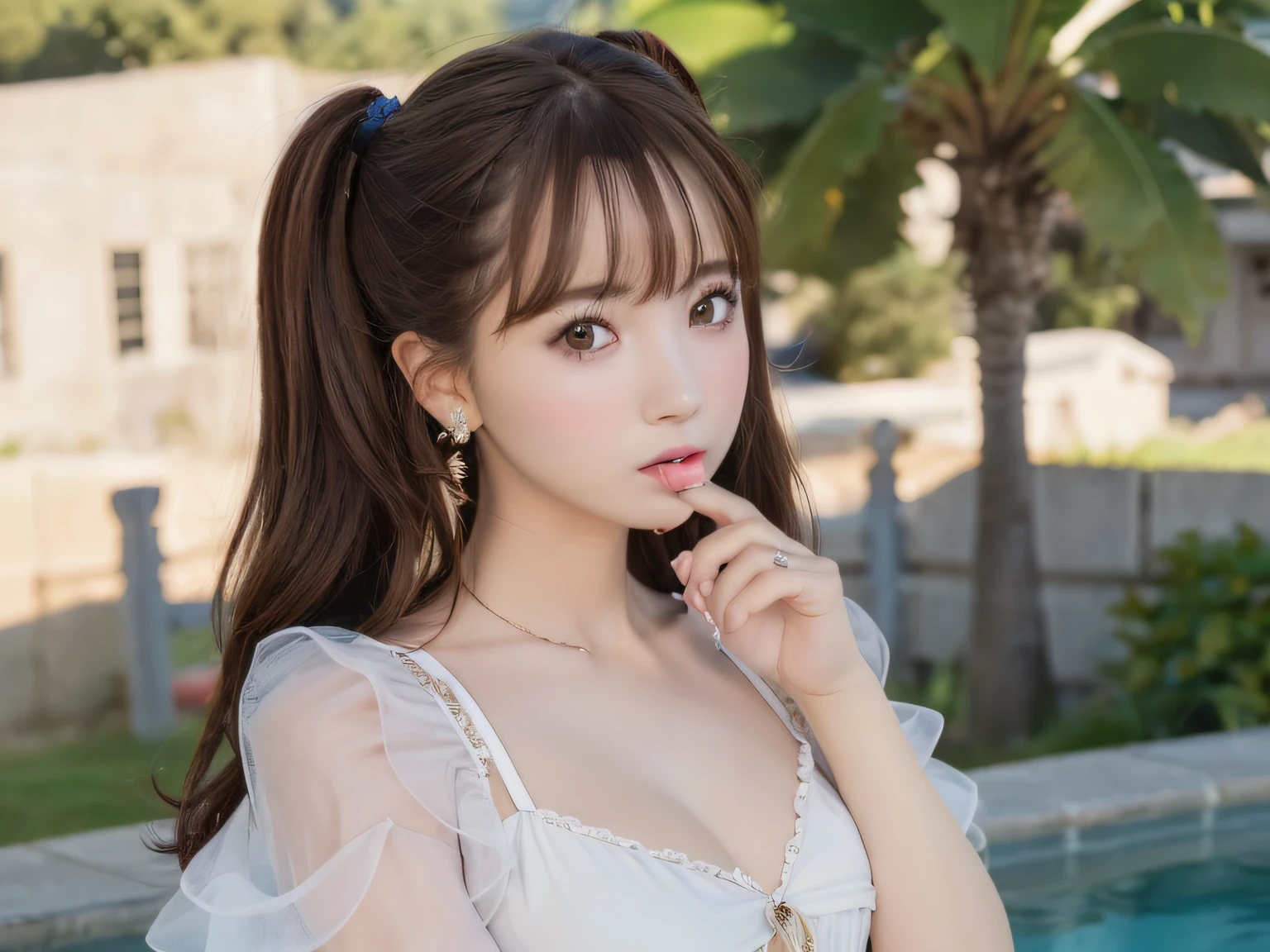 pureerosface_v1, top-quality, Photorealsitic, 8K, hight resolution, 2People Girls, femele, (Skindentation), (portlate:0.6), a gorgeous, dynamicposes, ((poolsidebackground:1.6)), coconut tree, ((Medium Size Round Breast, White blouse:1.4)), straight look at viewer:1.8, (1 Girl's eyes looking at the viewer, medium lenght hair, brown haired, Putted Bangs:1.65), (bokeh dof), (Keep your mouth shut:1.46),a necklace、 Twintail hairstyles,Blue eyes、