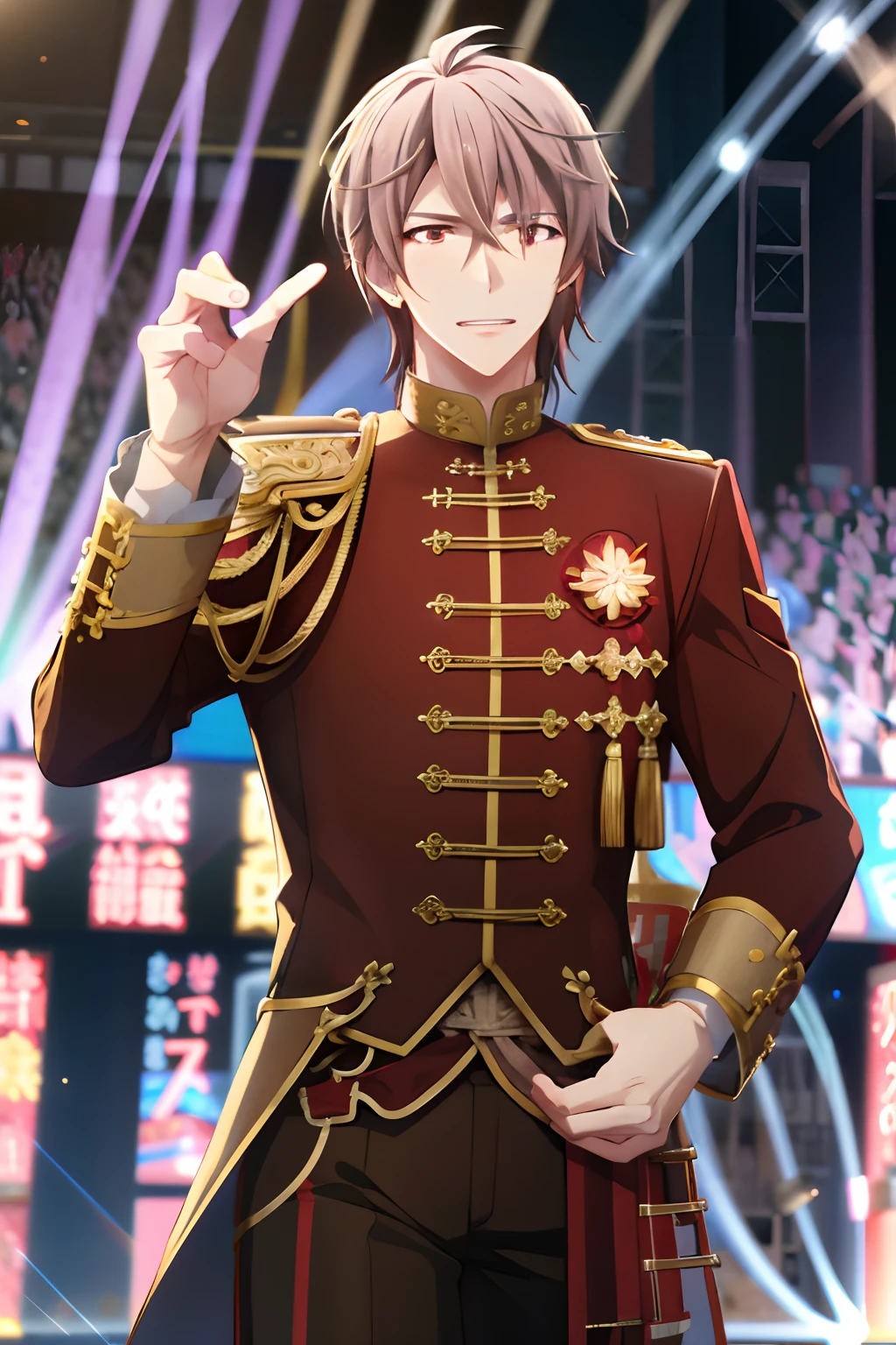 Mid Trao\(idolish7\), 1boy, 独奏, looking at the viewers, male focus, bangss, brown haired, red eyes, hair between eye, show the grinps, 鎖骨, stage, stage lighrt, concert, lensflare, Grint, Black prince uniform