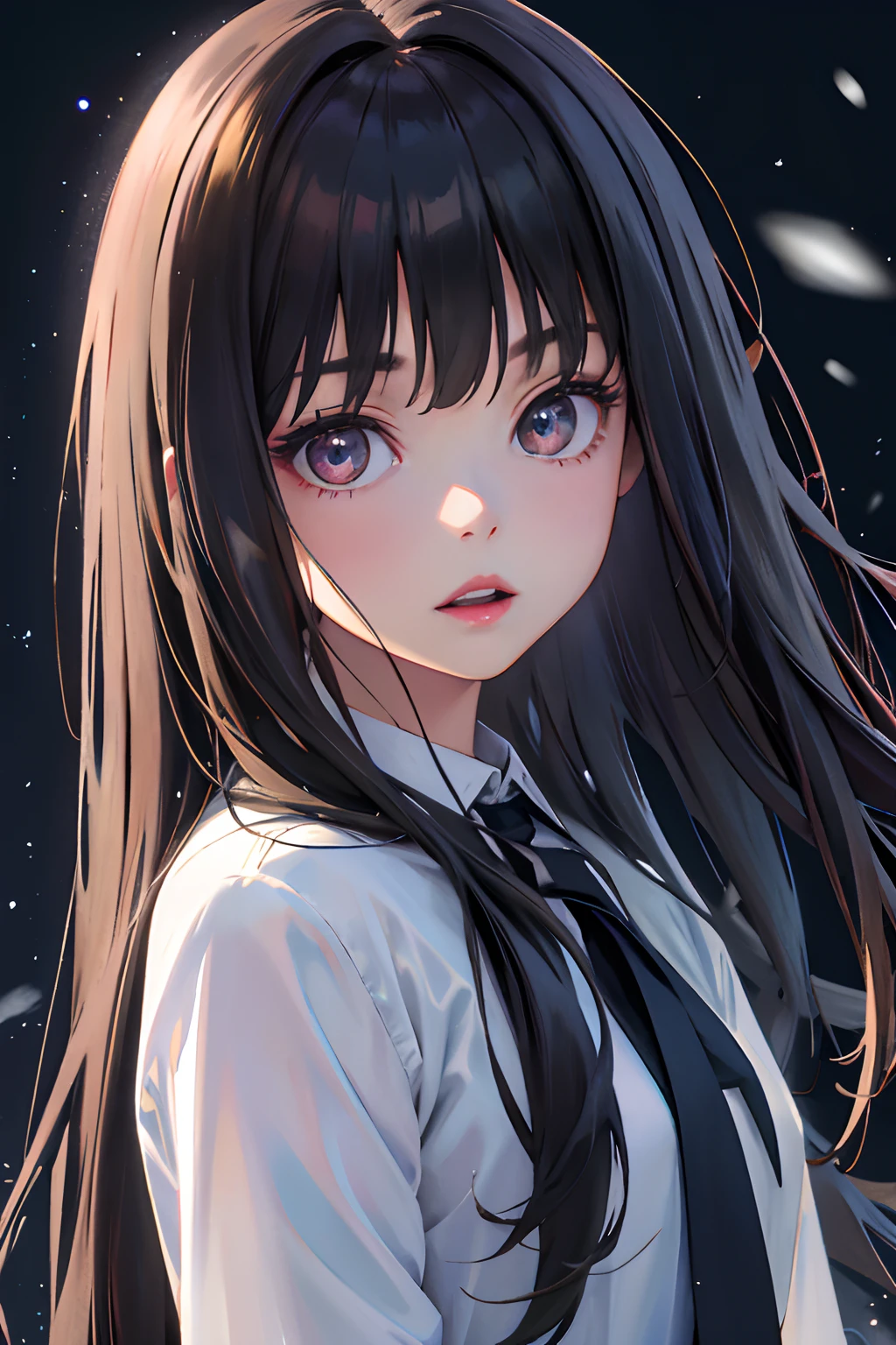 Official art, Unity 8k Wallpapers, ultra-detailliert, Beautifully Aesthetic, ​masterpiece, top-quality, realisitic, a closeup, Skindentation, interface, A detailed eye, A detailed face, detailed hairs, black backgrounds, straight-on, looking at the viewers, The sheen, Anime, looking at viewer with a cigarette in her mouth, highly detailed with reflections transparent iridescent opaque jacket, Long transparent iridescent RGB hair, 1girl in, Solo, fronds, Long hair, Blurry, Shirt,  Parted lips, Outdoors, Floating hair, Long sleeves, White shirt, Bangs, Upper body, Open mouth, tusk, Brown eyes, Wind, Winters，Yuki，snowscape，Blurry background, day, depth of fields, bug, lycoris，Takina Inoue，A dark-haired，