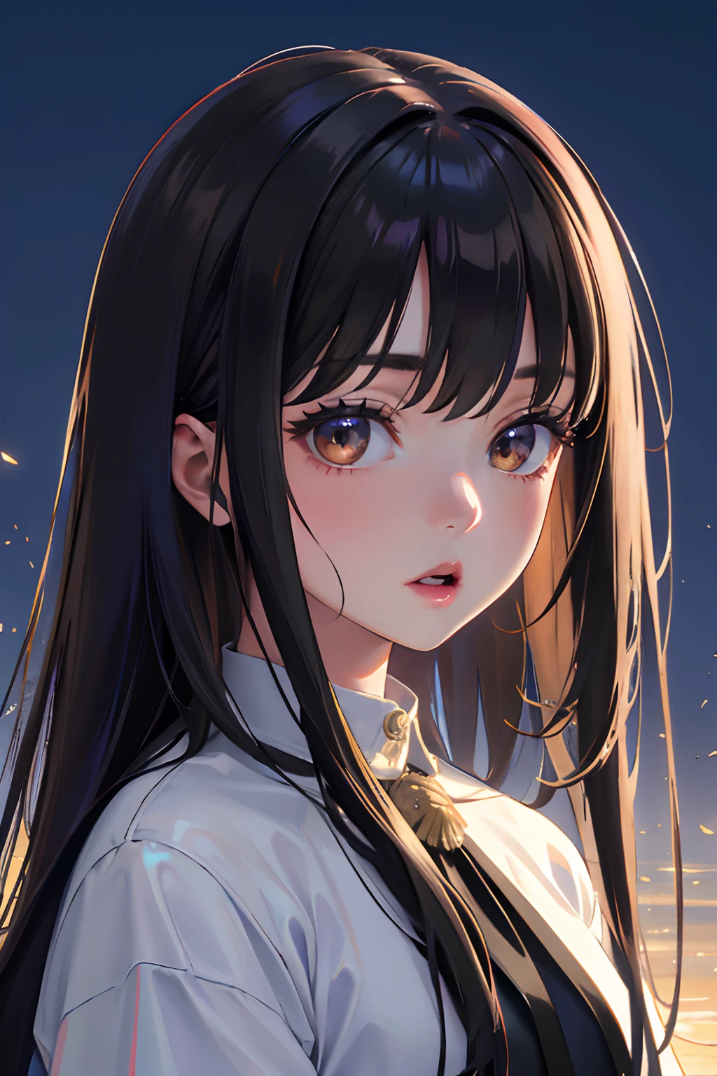 Official art, Unity 8k Wallpapers, ultra-detailliert, Beautifully Aesthetic, ​masterpiece, top-quality, realisitic, a closeup, Skindentation, interface, A detailed eye, A detailed face, detailed hairs, black backgrounds, straight-on, looking at the viewers, The sheen, Anime, looking at viewer with a cigarette in her mouth, highly detailed with reflections transparent iridescent opaque jacket, Long transparent iridescent RGB hair, 1girl in, Solo, fronds, Long hair, Blurry, Shirt,  Parted lips, Outdoors, Floating hair, Long sleeves, White shirt, Bangs, Upper body, Open mouth, tusk, Brown eyes, Wind, Winters，Yuki，snowscape，Blurry background, day, depth of fields, bug, lycoris，Takina Inoue，A dark-haired，