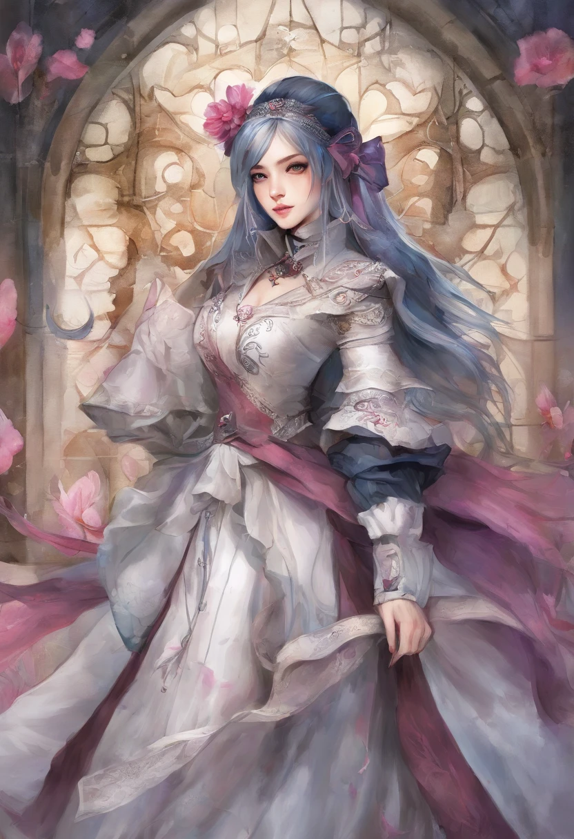 Mioda Ibuki /(Danganronpa/), Ultra-detailed banking, Masterpiece, illustration, 8k, Masterpiece, realistic shadows, vent, gradient, volumeric lighting, mignon, ambient lighting, colourfull, Particules incandescentes, beautiful detailed eyes 1girl, seulement, (Tenue originale), Dungeon background, Tenue de mage bleu et rose, manteau, magie, fantaisie