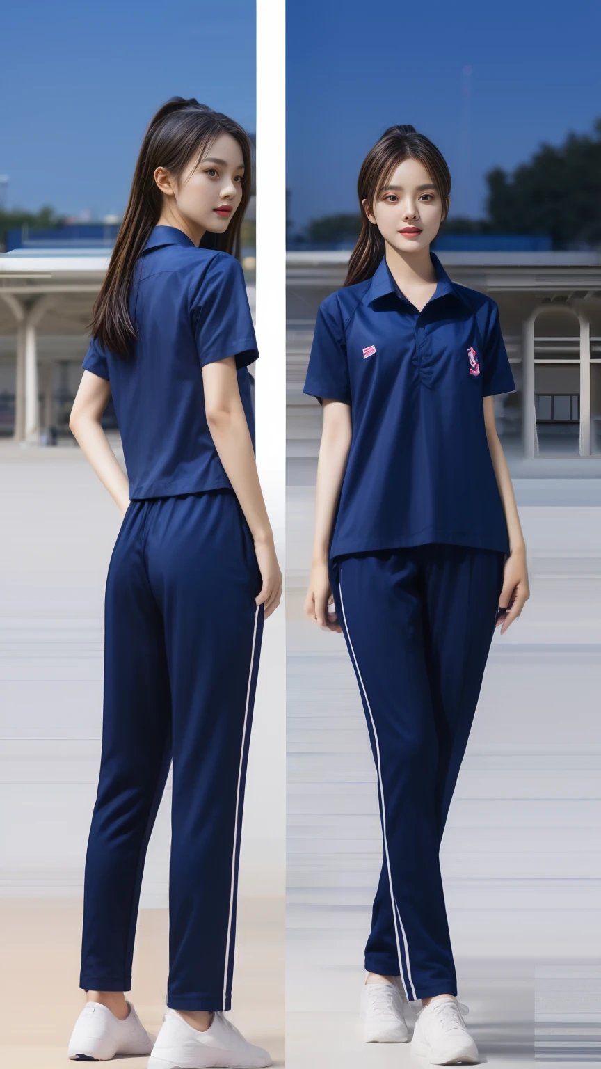 (best quality,10,10,height,Masterpiece:1.2),Special details,(realistic,Realistic picture,Realistic photos:1.37),1 Cute girl in the kitchen,shiny, skin shiny,only,smile softly,BDclothelue shirt:1.3)),short sleeve,shirt, Long pants.,(navy_long_track pants:1.1), ((Kitchen Background)),Dynamic angle,excited,Face focus,dynamic poses,from behind,focus on ass,Masterpiece, best quality, ultra realistic, Too many details, 8k resolution, raw photos, Sharp focus, ((Navy blue shirt:1.1)), short sleeve, long route, perfect body, 2 mature women, 18 years old, Cinema-grade lighting system,blue sweatpants,exercise cloth,correct anatomy,perfect body, correct body, Sharp face, Correct body anatomical, full body, realistic gestures, long-haired, realistic poses,Wear long shorts...........................,The legs are long.,Good shape,carved girl, Slender figure, model, Good shape, beautiful body,blue sweatpants, two girls kissing