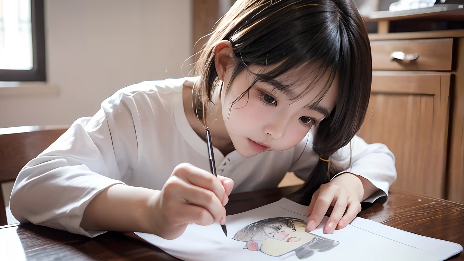 A little girl in Zhuang clothes drawing a picture of a cow,Grandpa was watching
