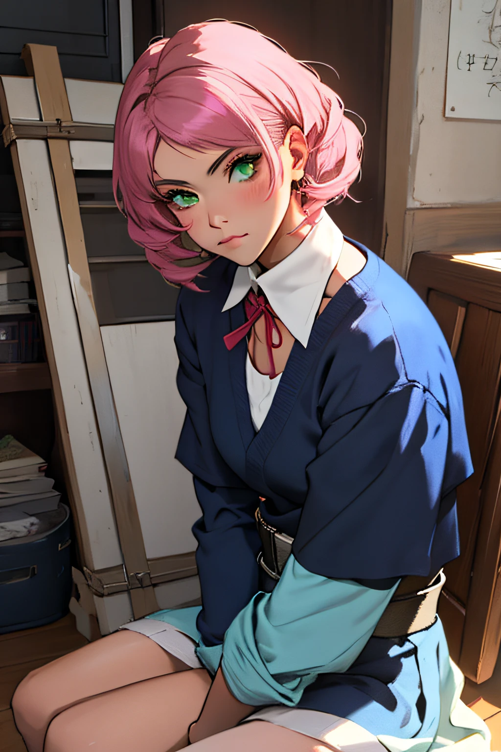 (best quality)), ((Masterpiece)), (Detailed), Perfect Face,1girl,harunoshipp, hairband, forehead protector,(office, bookshelf,office lady,milf,
( blue lace sheer shirts:1.3),(short sleeves:1.1),white panties, sheer leggings, shirt, skirt,
squatting,