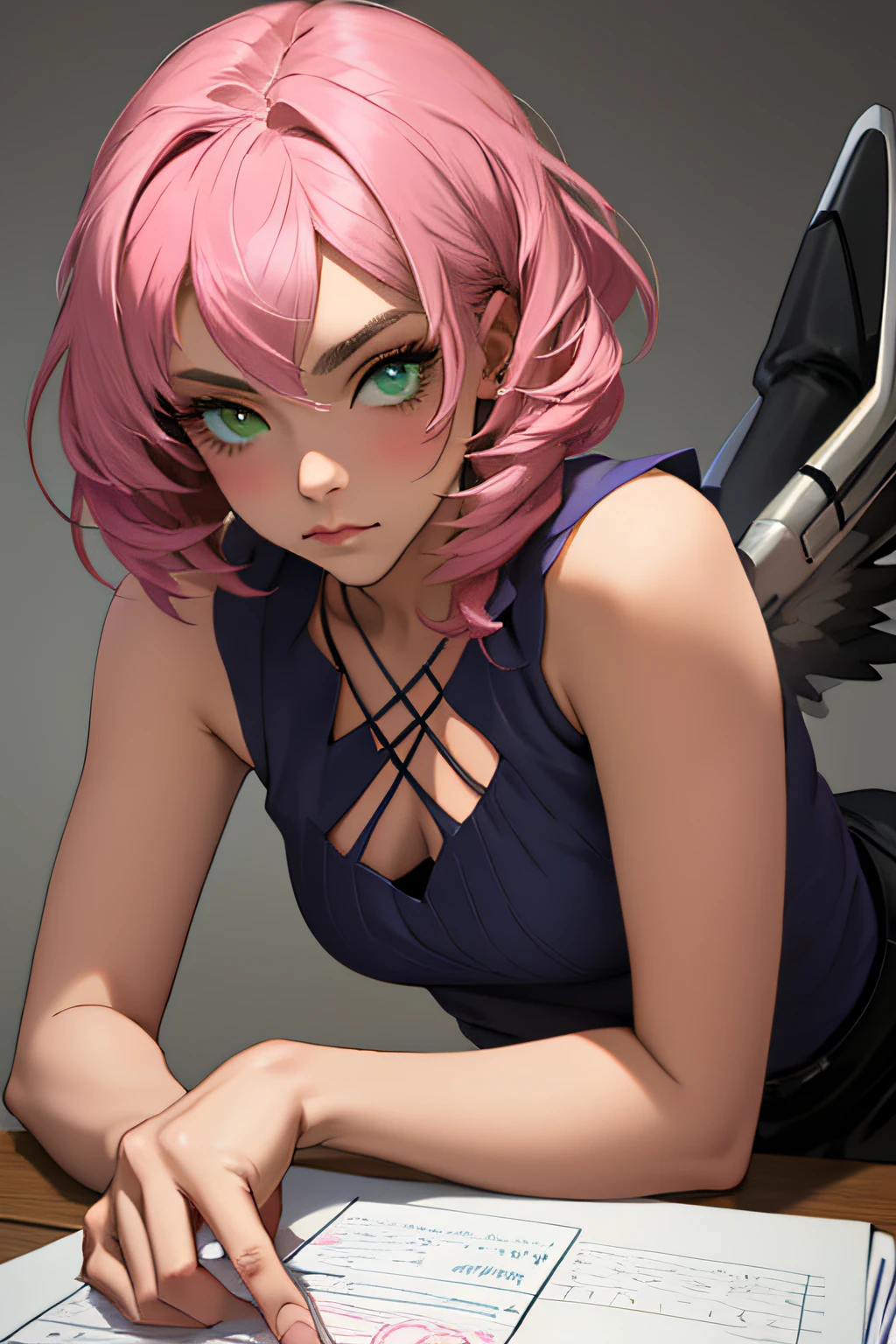 Alisa bosconovitch, melhor qualidade, contemporary, estilo plano, minimalismo, Green Eyes Flat Illustration, cabelo rosa, cabelo curto, cabelos multicoloridos, Camisa Preta, mechanical wings, Head Portrait Close-U, peito pontudo, decote, super decote, middlebreasts, Tekken,cabelo rosa pastel, 1girl, em quimono, hand-painted,Desenho de linha sem cor, colorida do yandere pastel, Tekken, Super cute pink hair girl with gothic makeup on the side, com roupa de empregada,figura esbelta,robusto,He sat on the floor,Vestido com roupas de empregada rosa e branco,cabelos muito curtos,com orelhas de gato,quadratic element,, kawaii cor-de-rosa na roupa da era de 1910, Alisa Bosconovich pink lips, no estilo da paleta de cores suave aurorapunk, an anime illustration of his face, gifs animados, hand drawn animation, charming sketches, suave e brilhante, romantismo nebuloso, Estilo Superflat, fundo branco - ar 1:1 - niji 5 - estilo expressivo --s 50 ,Pink kawaii girl in the era of 1920s clothesPink eagles, vestindo uma camisa branca brilhante, no estilo da paleta de cores suave aurorapunk, an anime illustration of his face, gifs animados, hand drawn animation, charming sketches, suave e brilhante, romantismo nebuloso, Estilo Superflat, fundo branco - ar 1:1 - niji 5 - estilo expressivo --s 50, Absurdo, alto, ultra detalhados, (1girl:1.3), quebrar , Crie uma imagem com uma bela caligrafia