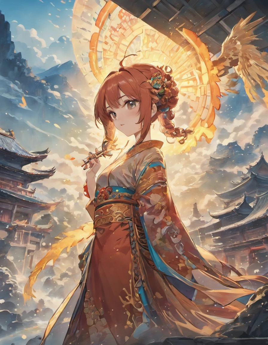 An ancient Chinese painting, ancient Chinese background, mountains, rivers, auspicious clouds, pavilions, sunshine, masterpieces, super detail, epic composition, ultra HD, high quality, extremely detailed, official art, unified 8k wallpaper, Super detail, 32k -- v 6