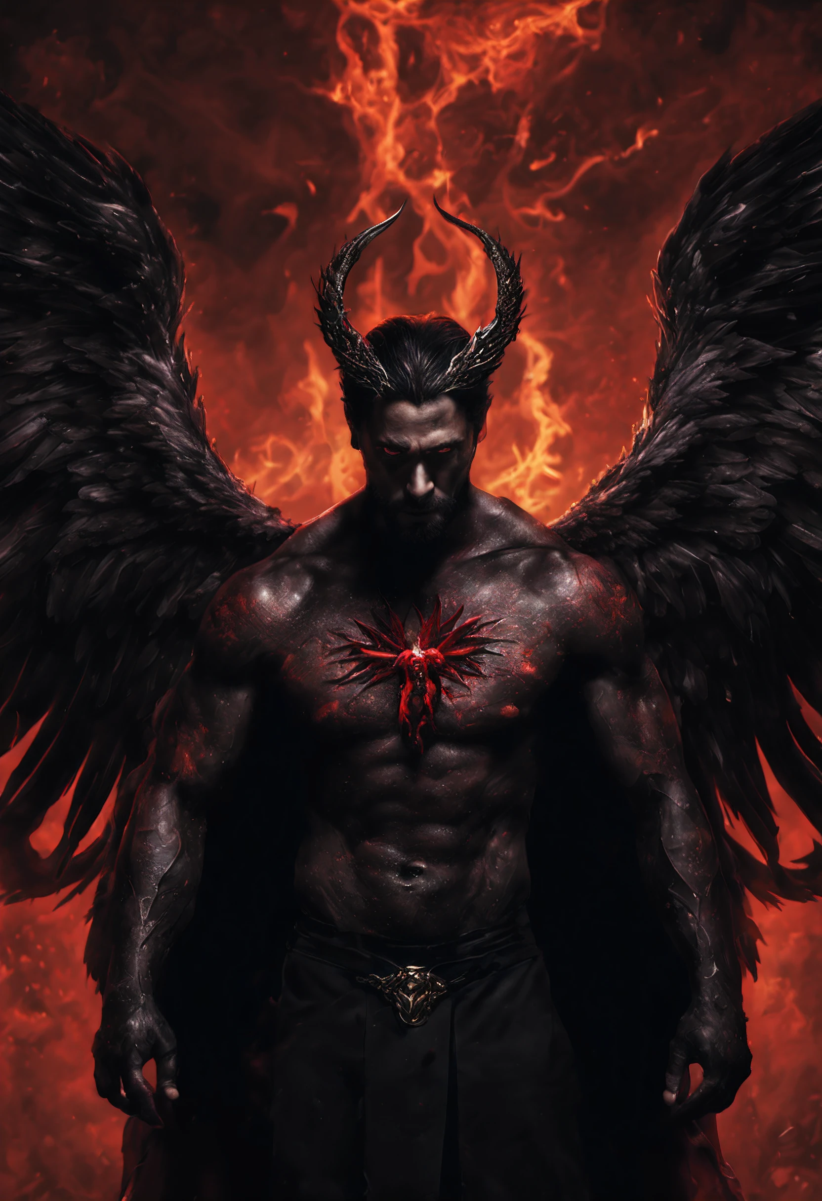 A striking portrayal of the fallen angel Lucifer Morningstar, the Prince of Darkness, and a formidable demon. His dark and regal appearance exudes power and malevolence. High-resolution image, majestic black wings, regal attire, piercing eyes, formidable presence, devilish features, sinister aura, malevolent art, supernatural entity.