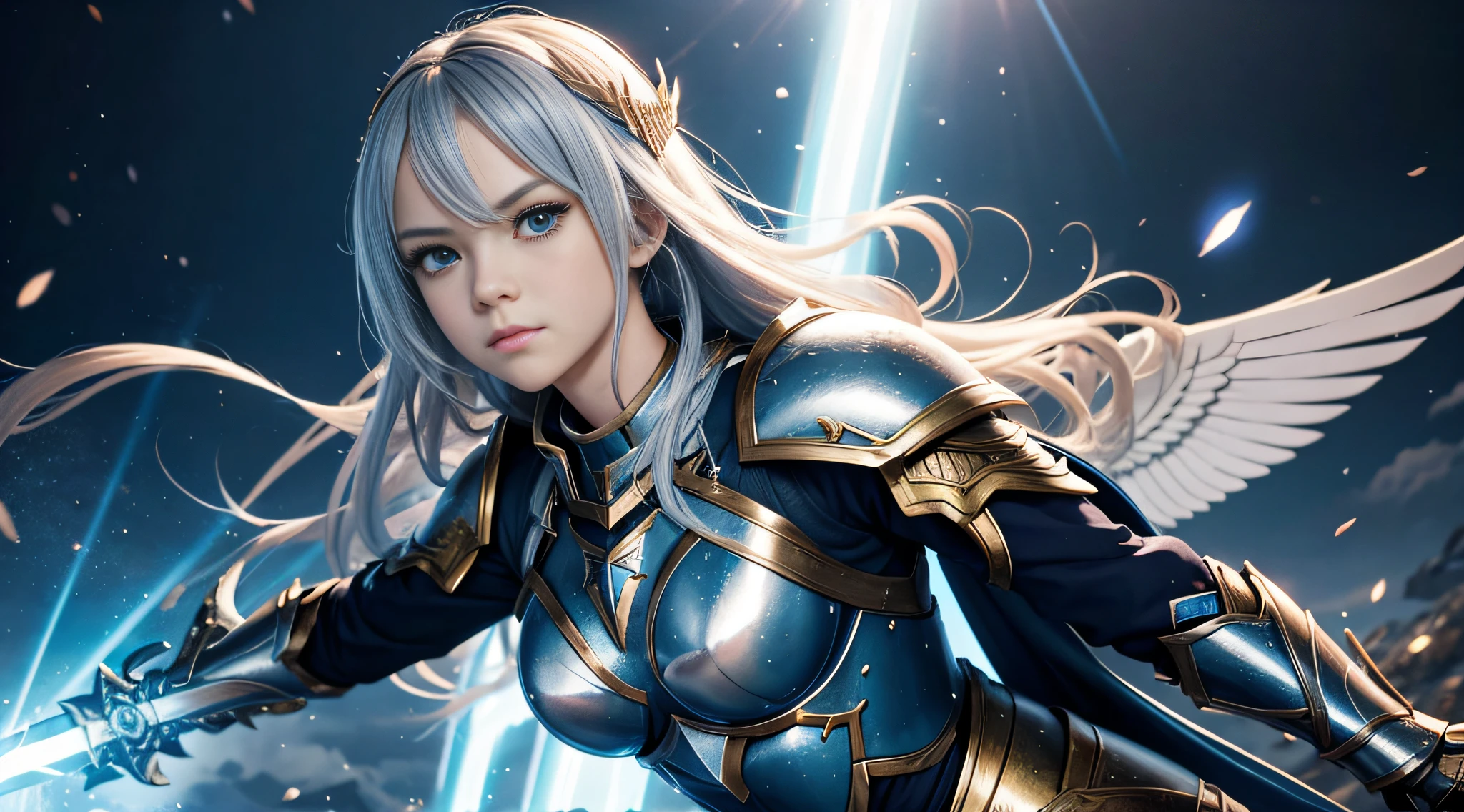 valkyrie,Anime girl with a cute face,Cute anime girl wearing blue armor,Fighting,Sword-wielding anime girl,Stern look,Sharp eye light,Aura of Light,Particles of light,Deities々Right,Wings of God,exquisitedetails,animesque８ｋ,A detailed face,A detailed eye,Detailed hand,detailed finger,hight resolution,Best Quality