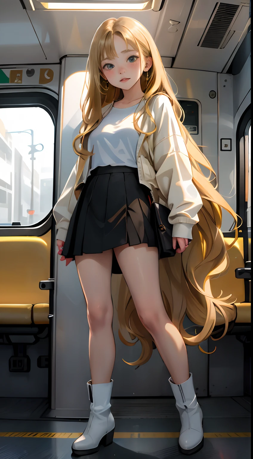 ((preteen)), Beautiful Girl, Freckles on her face, Light green eyes, Large earrings, White T-shirt, Jacket, Mini skirt, Black tights, heel boots, Full body, Shot from below, Very light skin , Very long hair, Wavy Hair , Blonde hair, Busy subway car, Photorealistic, indirect lighting, Volumetric Lights, Ray tracing, ultra-detailliert, Best Quality, Ultra-high resolution, nffsw, 8K