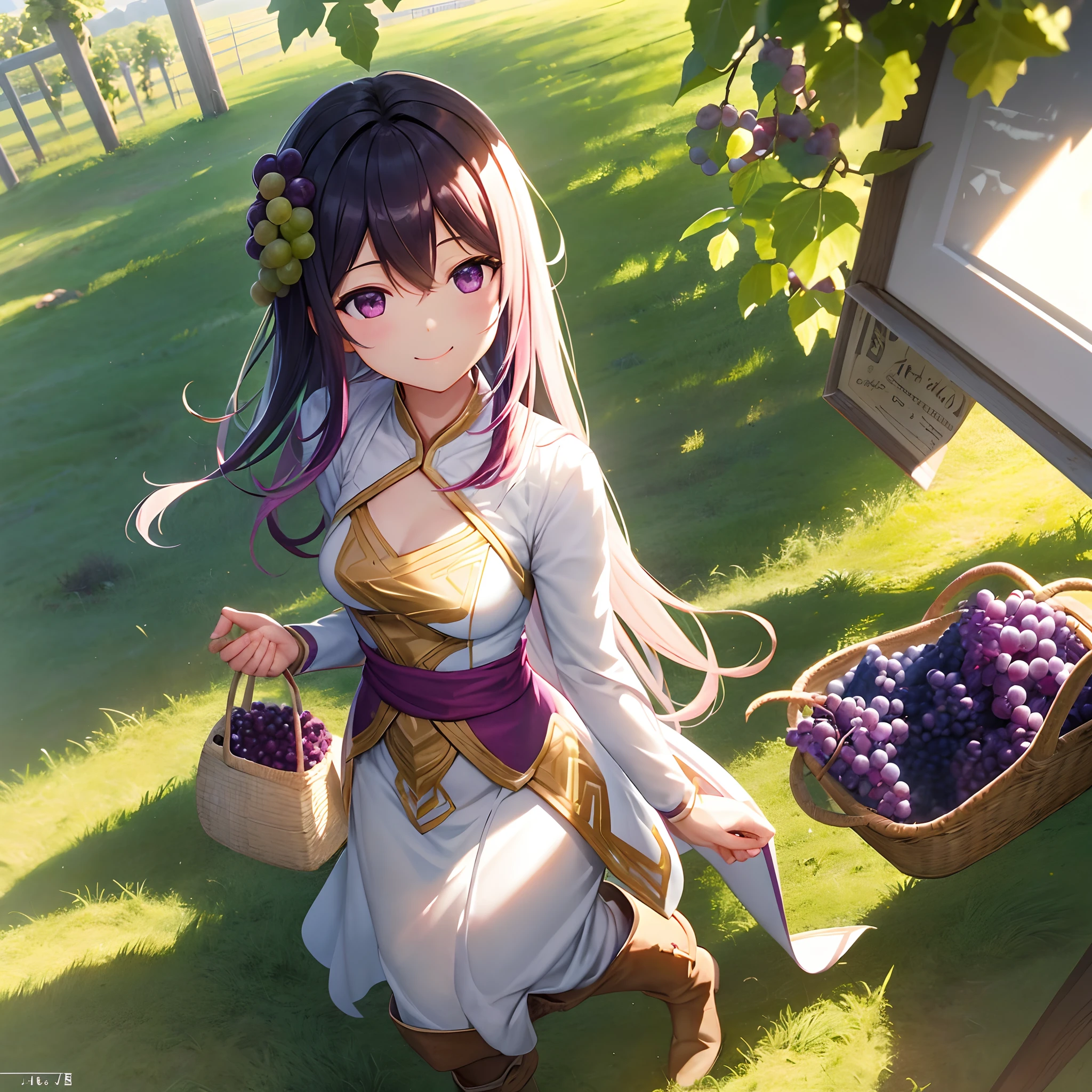 Octane Render、(Hyper-detailing: 1.15)、(Soft light、sharp: 1.2)、morning、Harvesting grapes, Enjoy grape picking、full body Esbian、Distinctive ethnic hair ornaments、Farm Boots、 Fuji Film, F/4.0, masutepiece, Anatomically correct、A smile, radiant light