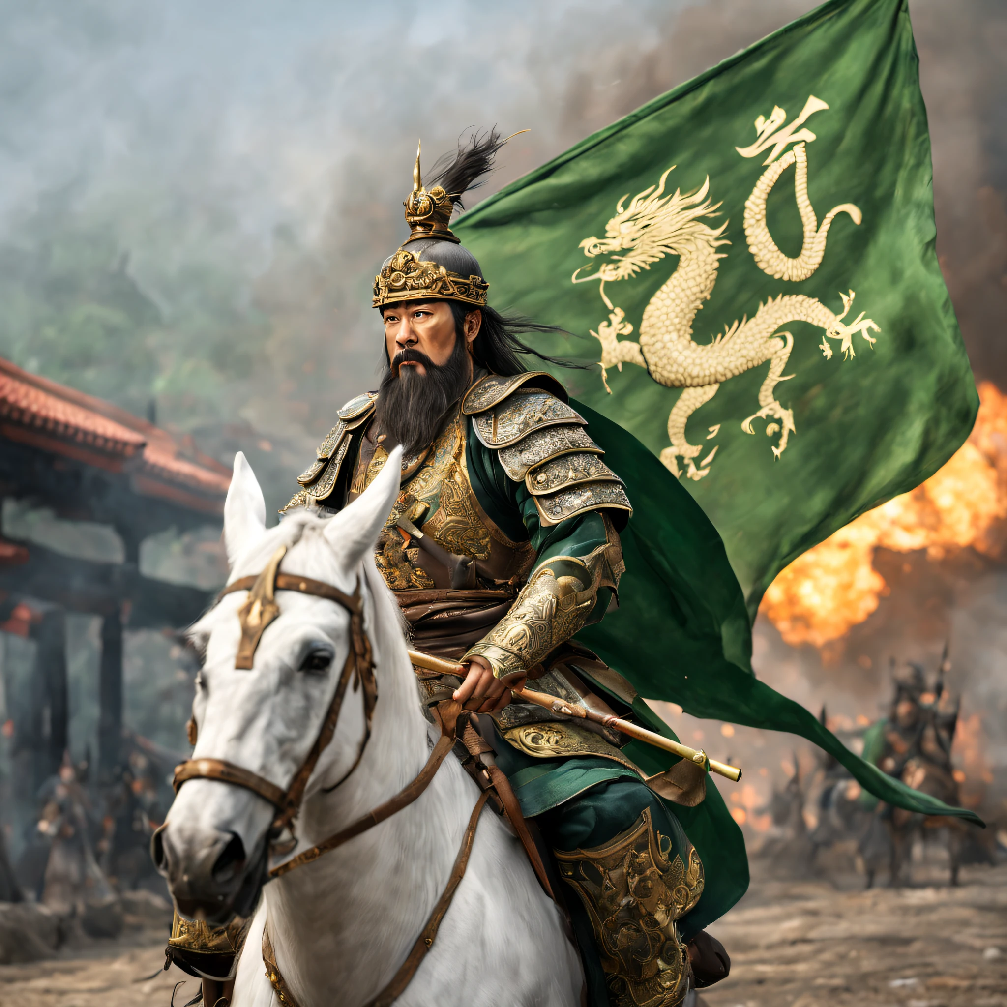 (best quality, HDR, ultra-detailed, realistic:1.37), The Guan Yu from three kingdom carry The Green Dragon Crescent Blade on their backs、The place I am walking is a country road、You can see the smoke from the village、broken war flag, It is a devastating war landscape.