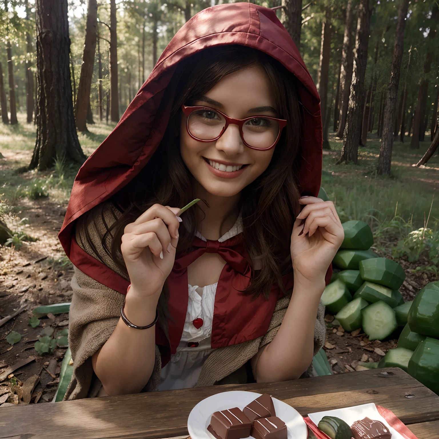 Better quality ,little red riding hood eatchocolate and cucumber in the forest ,disney style,smile face,glasses in face