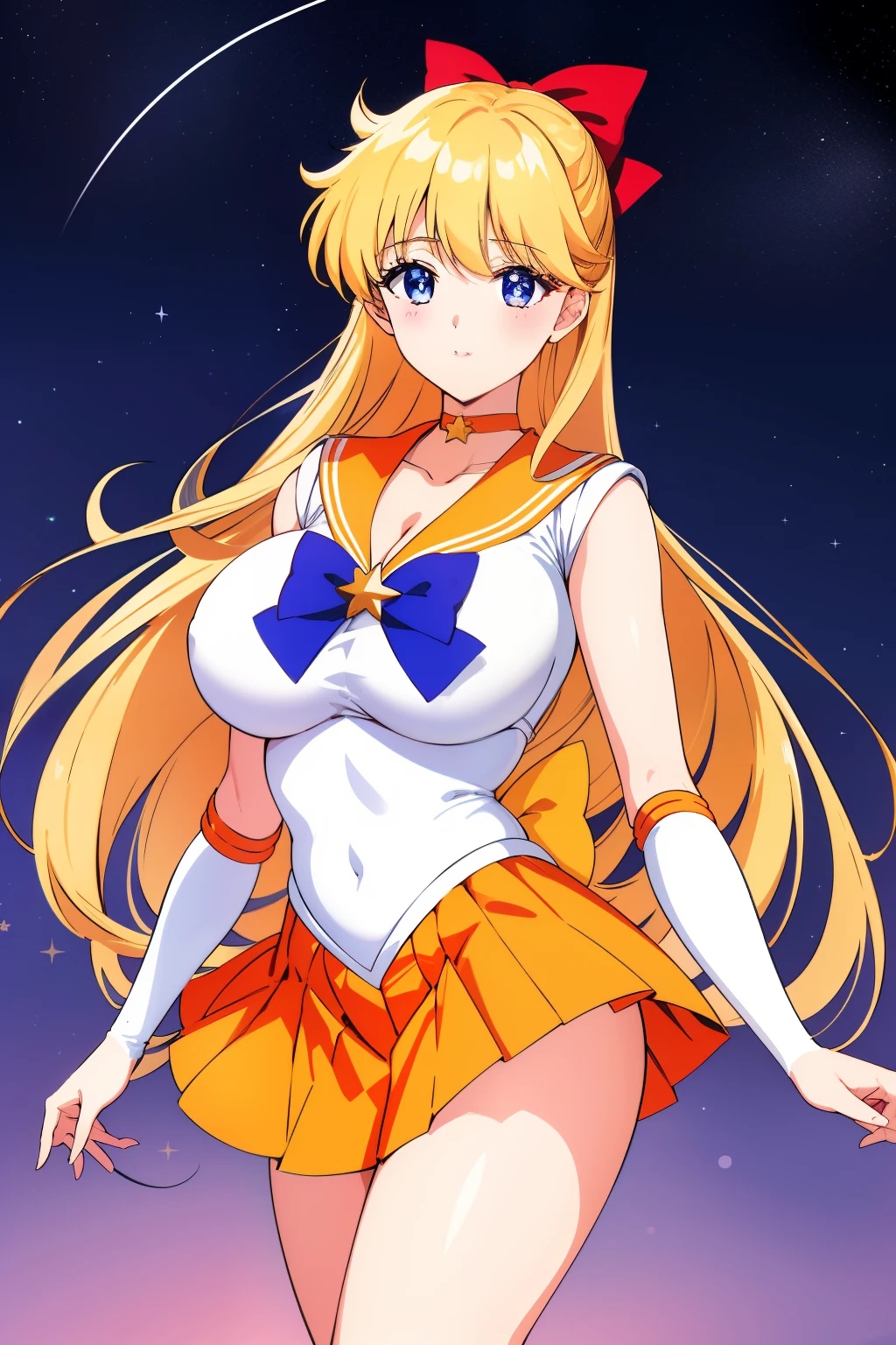 rating:safe、aino minako、Very long blonde woman、Sailor Senshi Uniform、Anime Aunt、A MILF、Orange Choker、Golden Choker、bow、jewelry、white glove、elbowgloves、skirt、magical little girl、Blue-eyed woman、sailorvenus、Orange sailor collar、Golden sailor collar、purple bowtie、耳Nipple Ring、solo、red_bow、White leotard、highleg leotard、robe blanche、back_bow、Woman with very large breasts、huge tit、circlet、hair_bow、a miniskirt、pleatedskirt、Orange skirt、Golden skirt、starry_sky、starrysky、sky、cowboy_shot、purple_bow、looking_at_viewer、Half Up Hair、Woman standing、collarbone、crescent、star_(symbol)、heart、bangs、nigh sky、night、parted_bangs、cleavage、bare legs、Bare shoulders、1990's\(styles\)