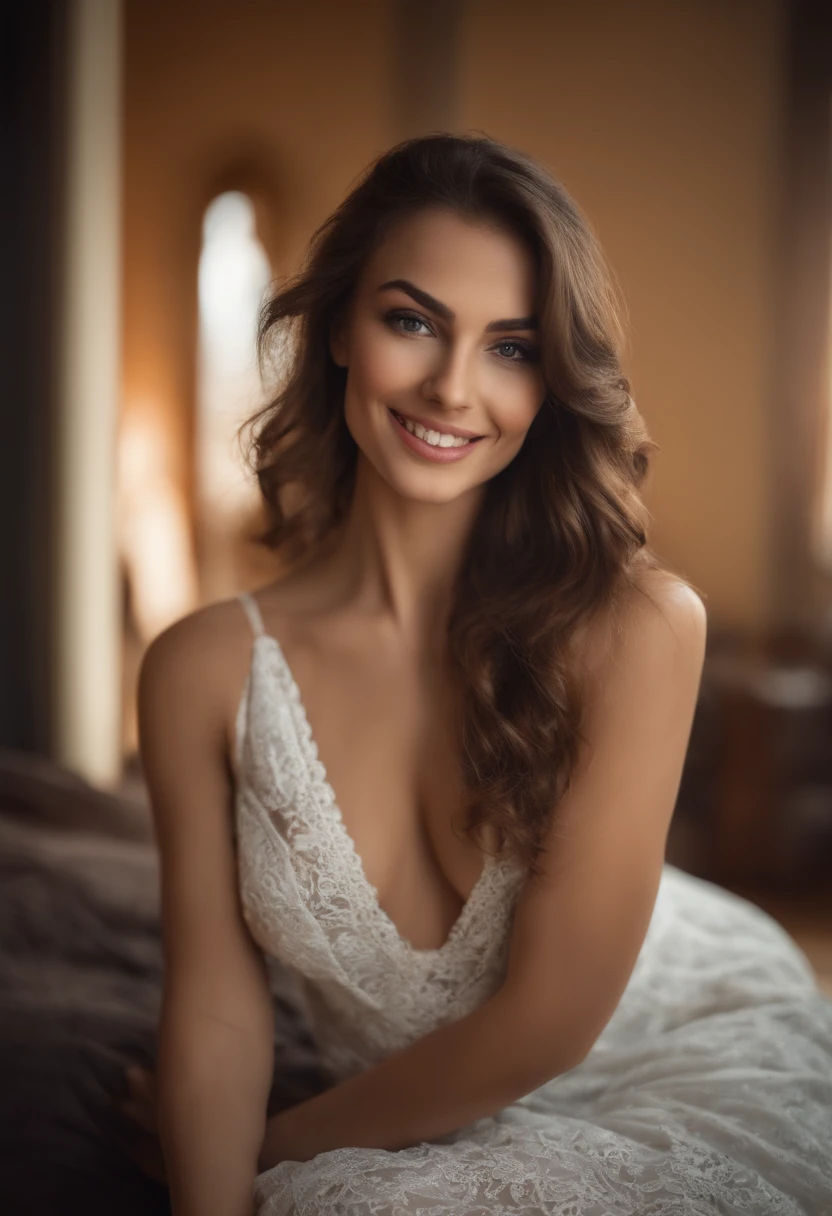 Femme avec robe , fille sexy aux yeux bruns, Portrait , cheveux bruns, selfie of a young woman, Yeux de chambre, sans maquillage,  naturel, looking straight at camera, Visage souriant, , Superbe photo , clivage, debout,