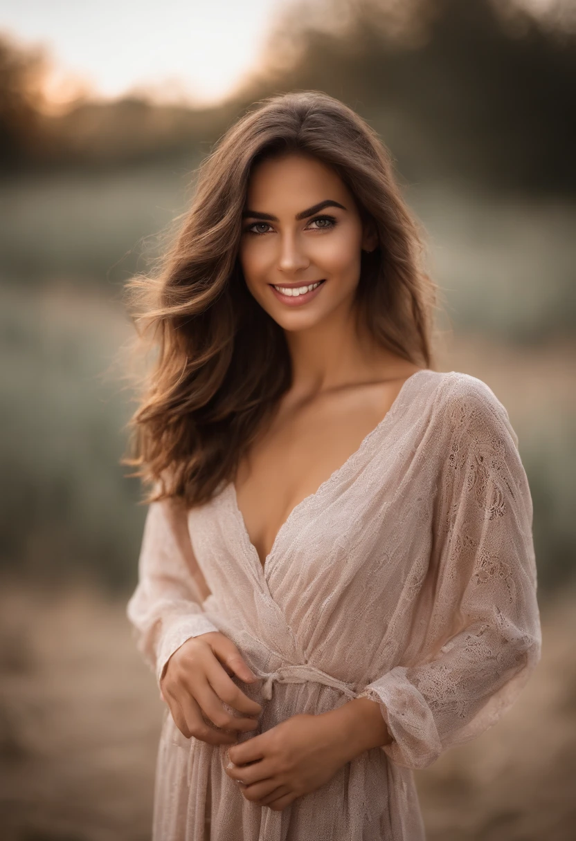 Femme avec robe , fille sexy aux yeux bruns, Portrait , cheveux bruns, selfie of a young woman, Yeux de chambre, sans maquillage, naturel, looking straight at camera, Visage souriant, , Superbe photo , clivage, debout,