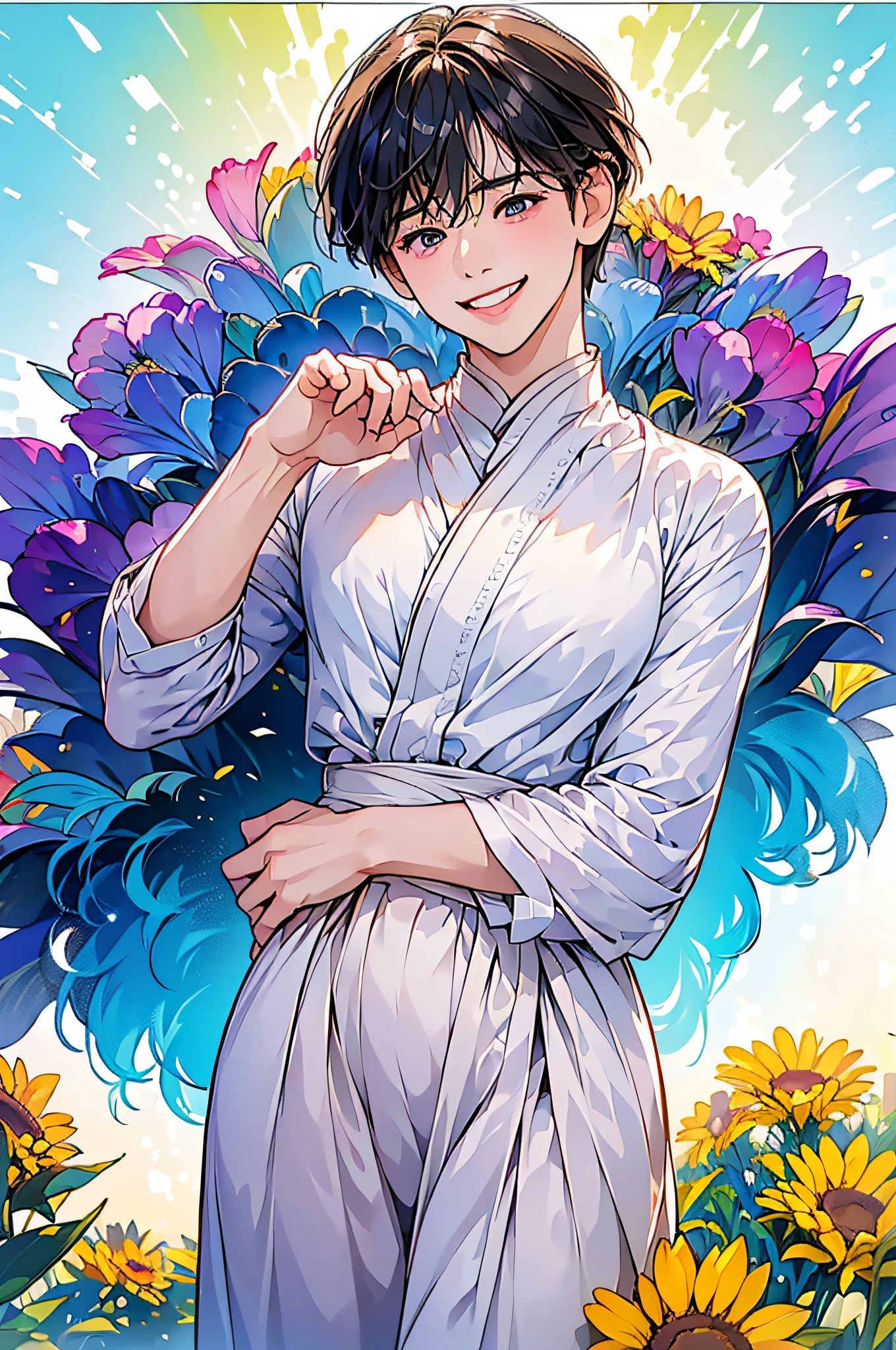 (in 8K、top-quality、​masterpiece:1.2)、1人の女性、(Smiling smile:1.1)、beautidful eyes、Valley、The upper part of the body、shorth hair、Like a boy、Colossal tits、Purple View、