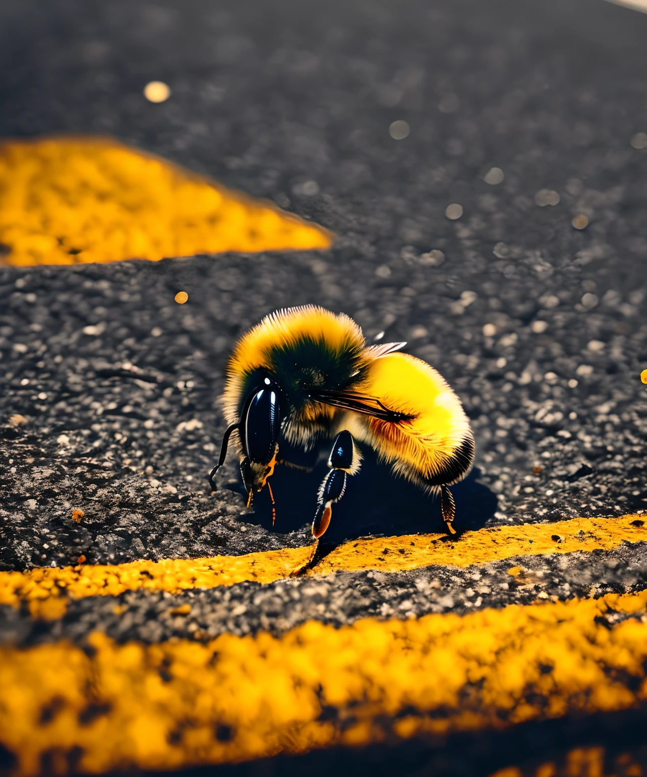 A sad bee sitting on the curb in an urban setting