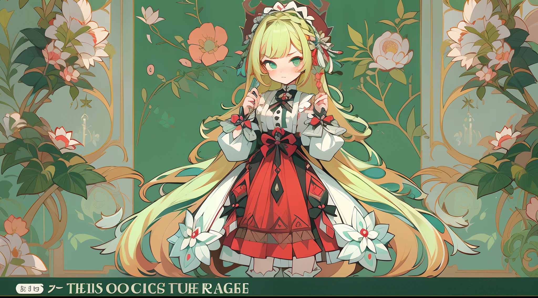 (1 Gothic Lolita), (standing full-body), (Full body standing painting), 1 Princess，(standing full-body)，独奏, BJD dolls, Blush, long  skirt，character  design, fanciful, alice in the wonderland, Gothic Lolita red dress, Green high socks, White flowers, ((red colour)), Blonde hair, Short hair, Double up braid, tmasterpiece, top Quority，best qualtiy，超高分辨率，Exquisite facial features,