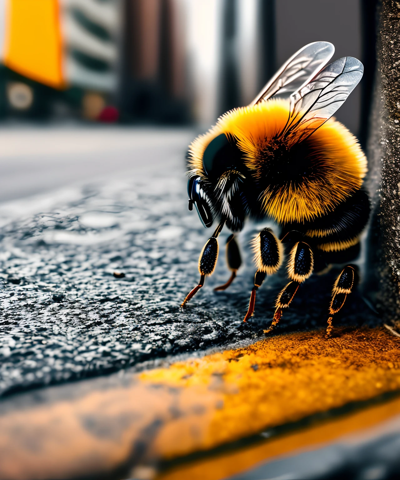 A sad bee sitting on the curb in an urban setting