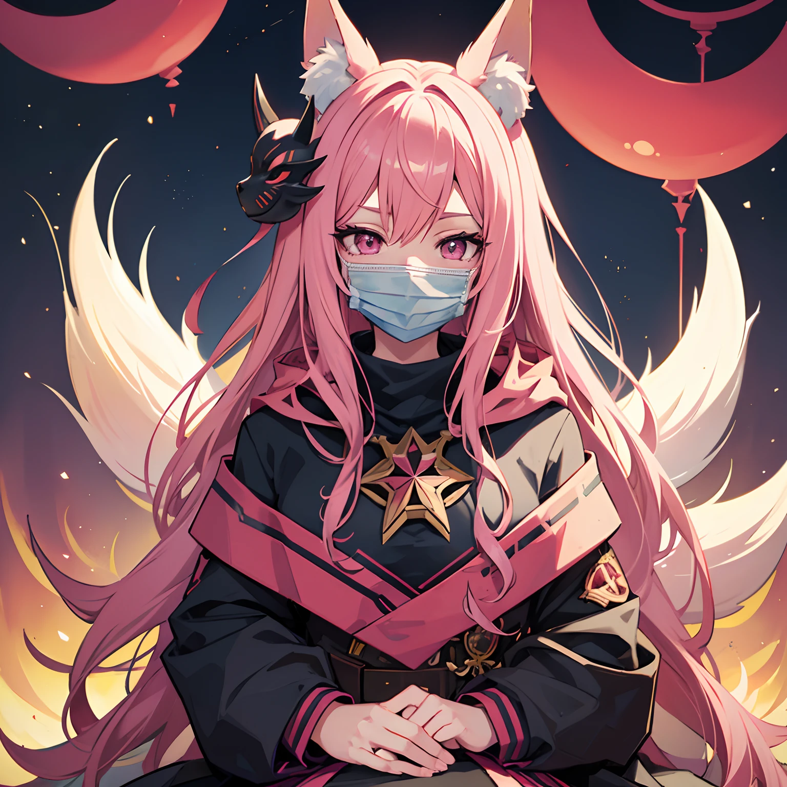 Anime girl with pink hair,fox ears,and a mask on the person sitting on the train, (SFW) safe for work, loish |, valentina remenar, high quality fanart, anime vibes, Wearing a mask, wearing mask, [[[[grinning evily]]]],Partial camouflage, commission for high res, The Villain in the Red Mask,oni,Horns,pink eyes,Beautiful background,higly detailed ,high detailed eyes,correct anatomy