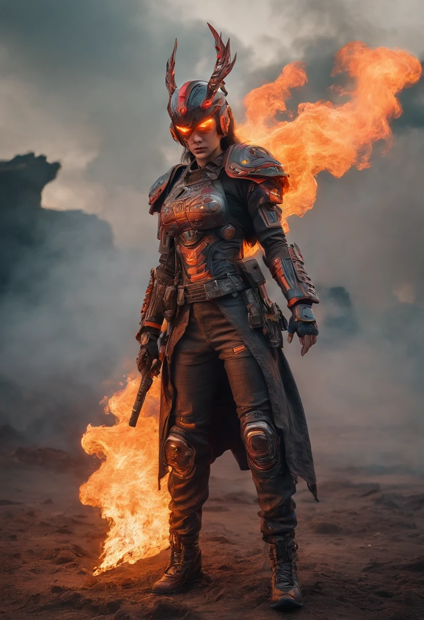 Cosmic cyberpunk Fallen indian Angel wearing Neon Mecha Armour, Flaming Sword glowing light eyes, Biomechanical, eerie, Creepy, nightmarish, Very bright neon colours, Light particles, with light glowing, , Mushroom Cloud, winner of the year's best photo, the world on fire, post-apocalyptic hellscape military photography, photo epic of the year, fire on the horizon, epic cinematic shot, pure form, intricate detail, 8k post-production, High resolution, super Detail, trending on ArtStation, sharp focus, studio photos, intricate detail, Very detailed, By Greg Rutkowski, Mshiff, wallpaper art, UHD wallpaper