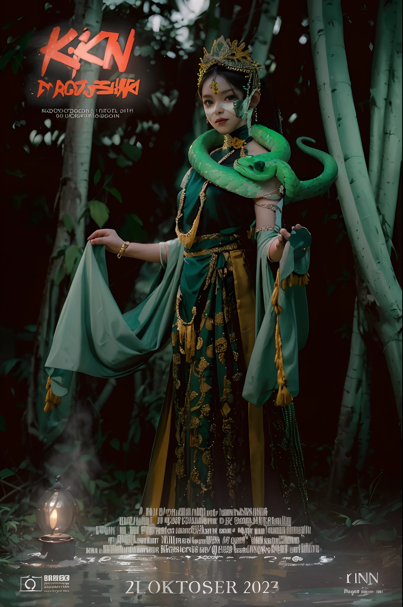 ((Badaruwhi_kkn di desa penari),((realistic, photorealistic)),(highlight face)), Light reflection, (( mask light)), navel, detached sleeves,((upper body)), (((best quality, masterpiece))), Looking for viewers, Evening,Strobist photo technique, Green snake coiled around the neck, smoke