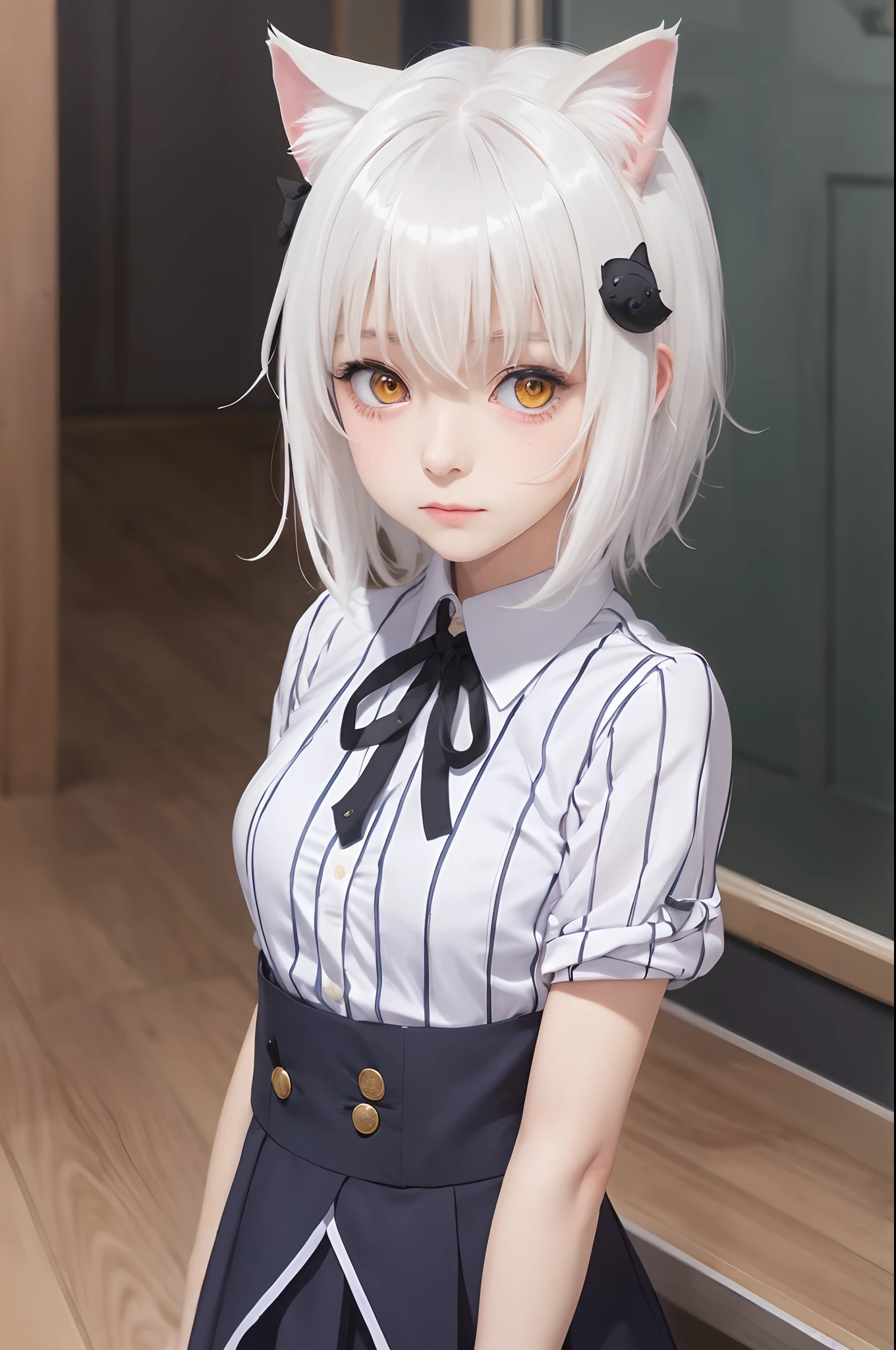 best quality, (masterpiece:1.2), highly detailed, standing, school, hallway, cat ears, cat tail,
1girl, solo, tojou koneko,
looking at the viewer, closed mouth, slight smile, (upper body:1.4), from above, 
yellow eyes, white hair, short hair, hair ornament, school uniform, stripped shirt, black neck ribbon