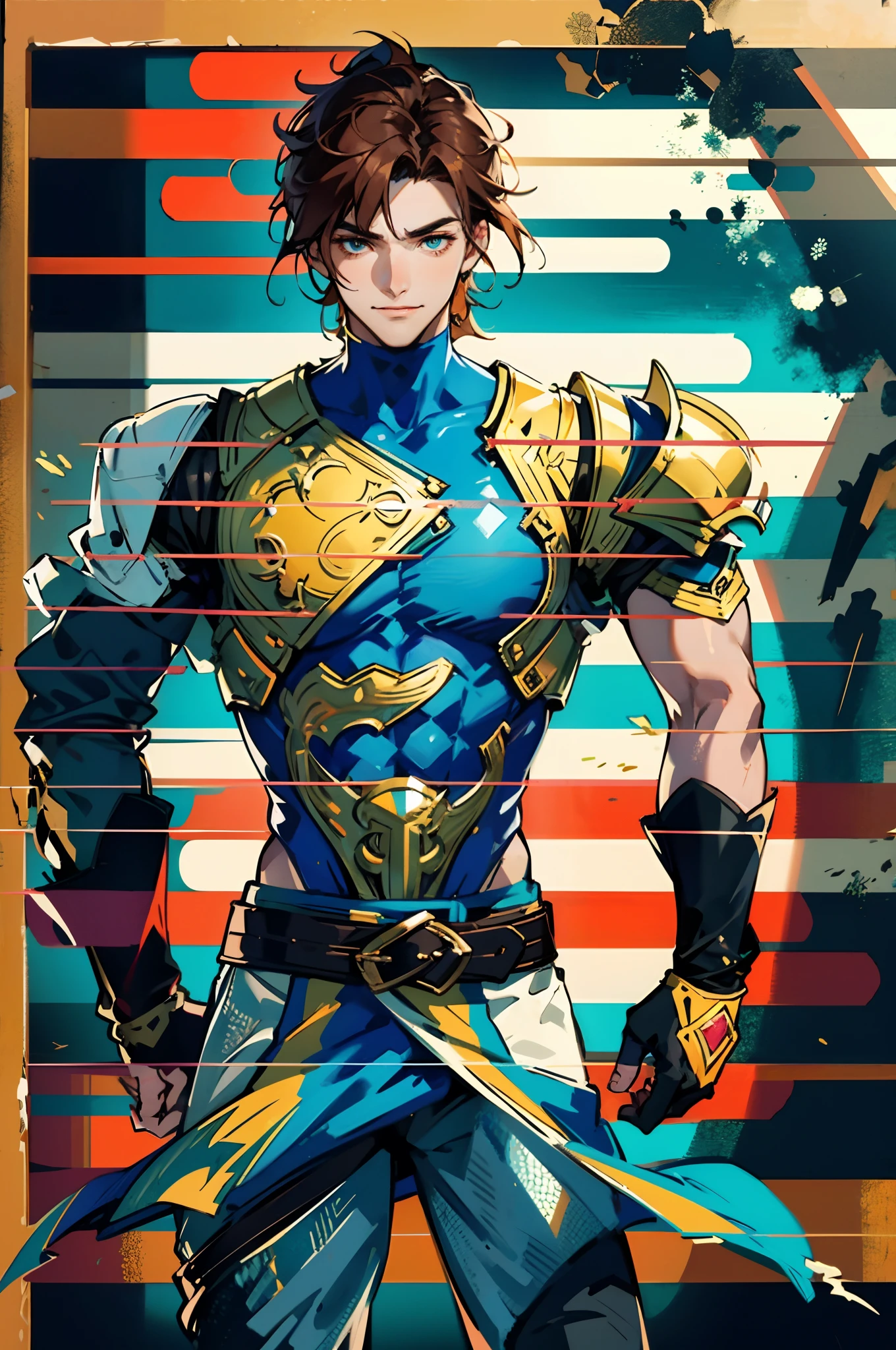 A young man with short orange-brown hair, a wild hairstyle, knife-like thick eyebrows, bright and spirited big eyes, a fearless expression, a smile at the corner of his mouth, he wears a bizarre fantasy surreal-style chest armor with scales textures, wearing a dark bodysuit underneath, fingerless gloves, a beautifully crafted fur belt around his waist, matching coarse cloth trousers, undaunted and wild posture, the background depicts a torn sky and earth, this character embodies a finely crafted fantasy surreal-style in anime style, characterized by an exquisite and mature manga illustration art style, high definition, best quality, highres, ultra-detailed, ultra-fine painting, extremely delicate, professional, anatomically correct, symmetrical face, extremely detailed eyes and face, high quality eyes, creativity, RAW photo, UHD, 8k, Natural light, cinematic lighting, masterpiece-anatomy-perfect, masterpiece:1.5