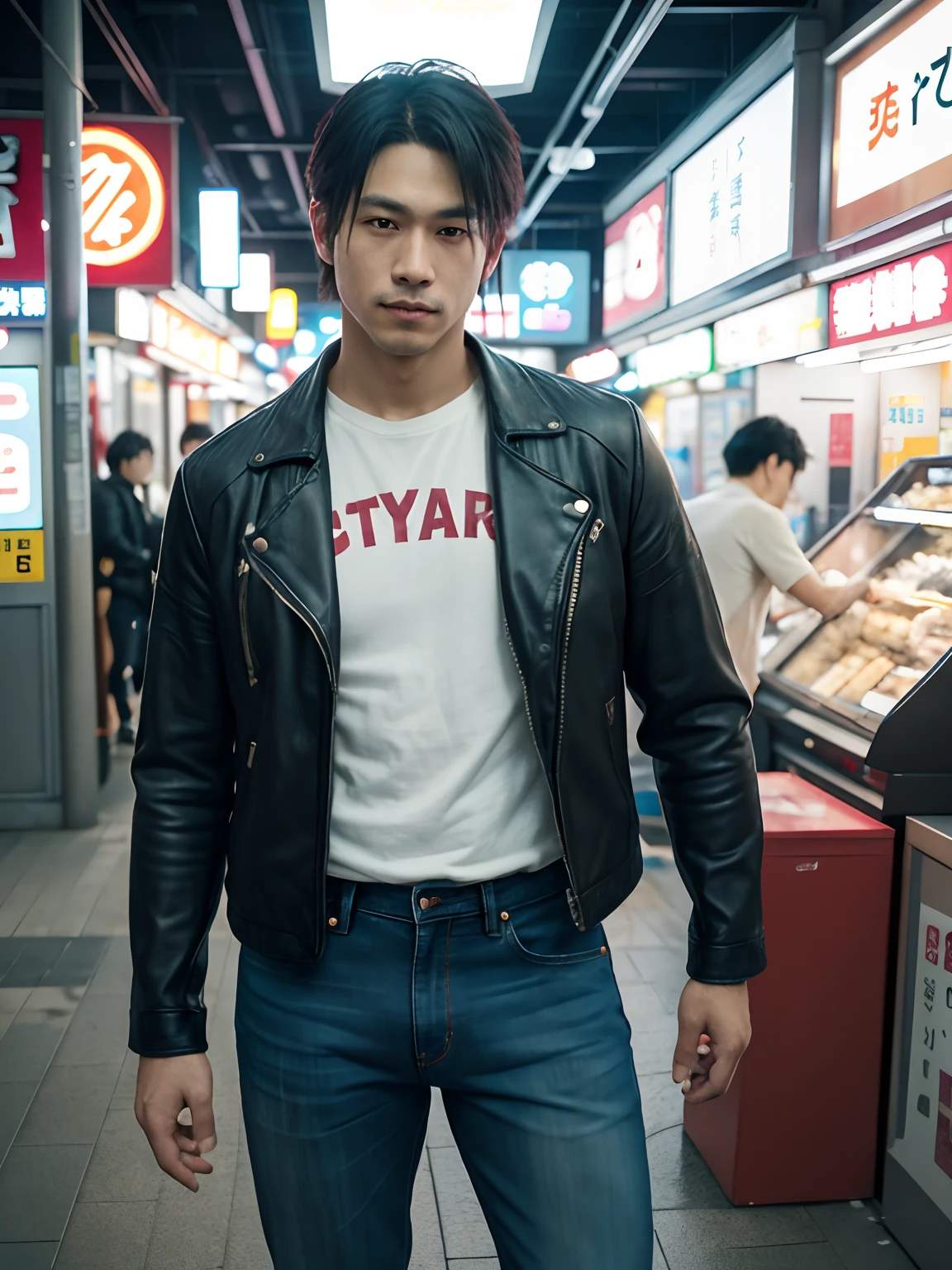 Crocodile, male, solo, markings, clothed, wearing leather jacket, jeans, paws, topwear, bottomwear, tokyo, street, akihabara, neon lights
BREAK,
by tojo the thief, by narse, by honovy, (intricate, high detail, film photography, soft focus, RAW candid cinema,
photorealism, realistic, photorealistic, analog style, subsurface scattering,
masterpiece, best quality, ultra realistic, 8k)