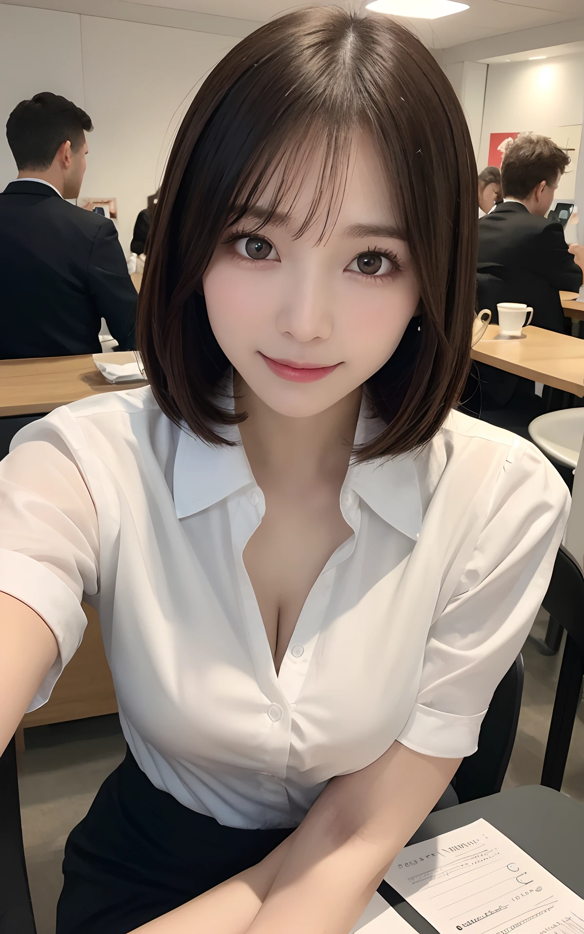 (8k、RAW photo、highest quality、masterpiece:1.2)、High-definition RAW color photo、professional photos、(realistic、photo realistic:1.37)、cinematic light、1 girl、 Smile、upper body close-up、short hair、dark brown hair、overflowing breasts、big breasts、huge breasts:1.5、Cafe、coffee:1.2、long sleeve white button shirt、mini skirt