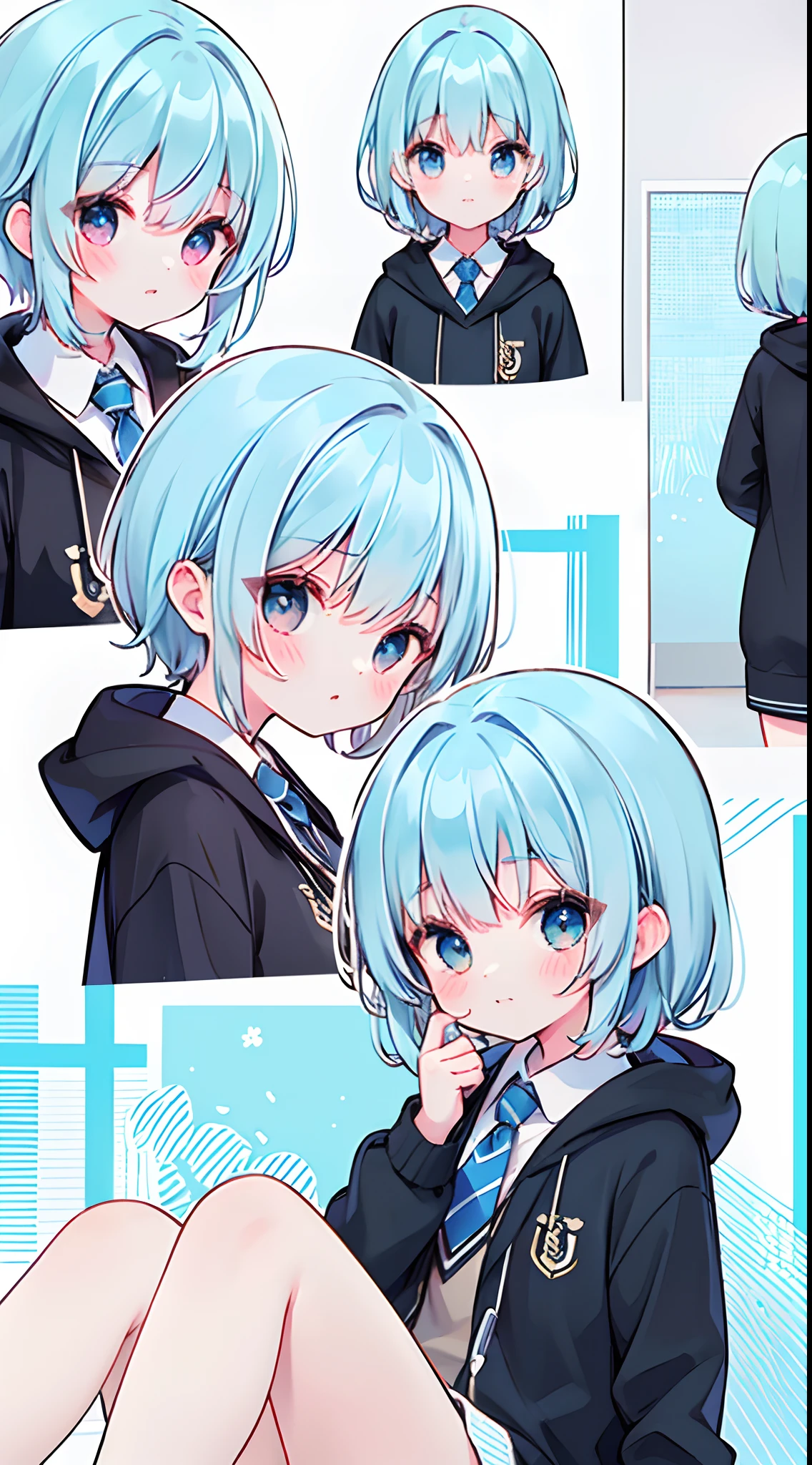 ((Best Quality,Masterpiece,8K,Top image quality))girl1,1人,blue hairs,bobhair,shorth hair,Left eye green,Right eye blue,Uniform under hoodie,neck tie,