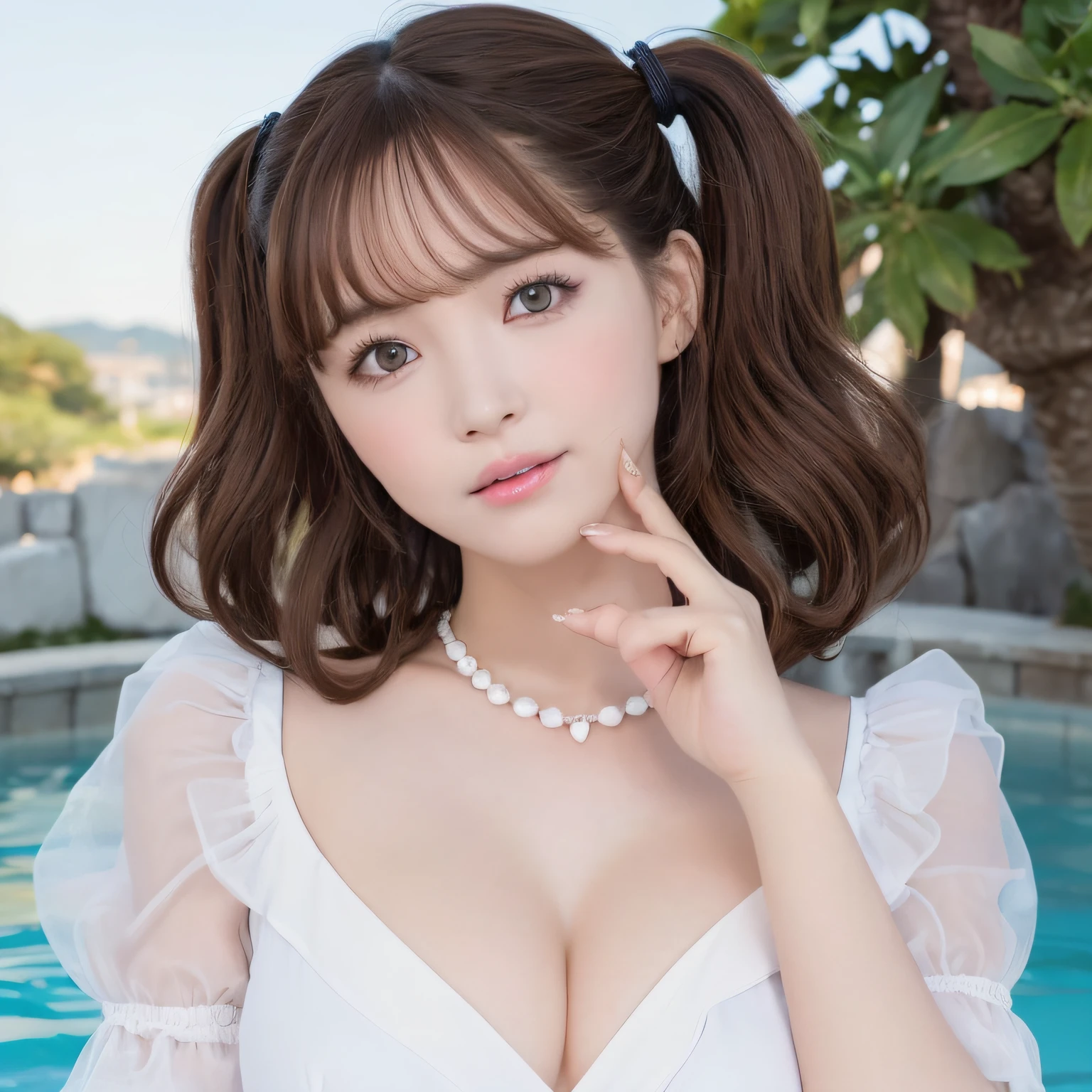 pureerosface_v1, top-quality, Photorealsitic, 8K, hight resolution, ２People Girls, femele, (Skindentation), (portlate:0.6), a gorgeous, dynamicposes, ((poolsidebackground:1.6)), coconut tree, ((Medium Size Round Breast, White blouse:1.4)), straight look at viewer:1.8, (1 Girl's eyes looking at the viewer, medium lenght hair, brown haired, Putted Bangs:1.65), (bokeh dof), (Keep your mouth shut:1.46),a necklace、 Twintail hairstyles,Blue eyes、Blue eyes、