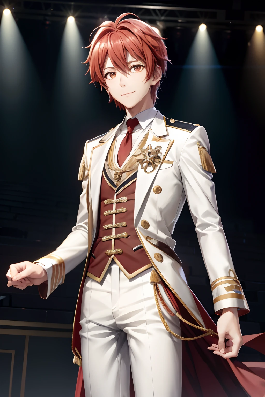 Riku Nanase\(idolish7\), 独奏, looking at the viewers, a smile, 1 boy, red hairs, Orange eyes,  male focus, stage, spot light, stage lighrt, White prince's uniform, Red necktie