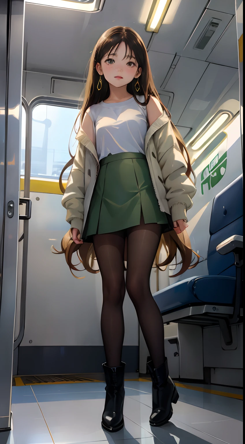 (()), Eight-headed Beautiful Girl, Freckles on her face, Light green eyes, Large earrings, White T-shirt, Jacket, Mini skirt, Black tights, heel boots, Full body, Shot from below, Very light skin , Very long hair, Wavy Hair , Busy subway car, Photorealistic, indirect lighting, Volumetric Lights, Ray tracing, ultra-detailliert, Best Quality, Ultra-high resolution, nffsw, 8K