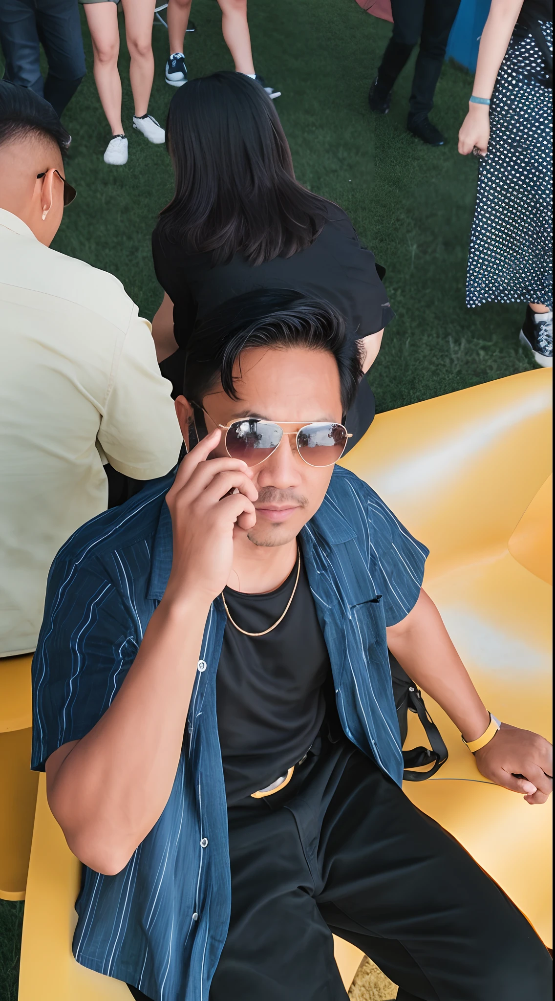 there is a man sitting on a yellow bench talking on a cell phone, with sunglass, wearing shades, wearing cool sunglasses, ramil sunga, low quality photo, with sunglasses, shot on nikon z9, photo portrait, shot on leica sl2, with a cool pose, shot on 35mm, shot on 35 mm, shot on 3 5 mm