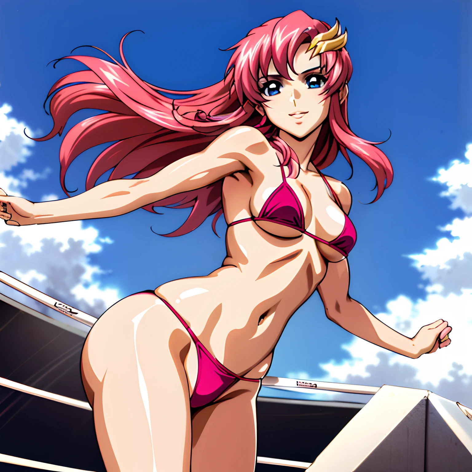 (masterpiece, far view, 4K, Best Quality, Anime style: 1.9,, Adult Woman, ultra detailed face, (cloud background, wrestling), Drawing lines, high resolution, Anime, lacus4), 1girl, Solo, curvy figure, Long hair, 鎖骨, scapular, (Detailed wide hair bangs, Hair Ornament, Detailed reddish-pink hair, golden crest), cleavage, large hands, (female wrestler). (Big blue eyes, shiny eyes), ((female wrestler, little biceps, slender body, broad shoulders, closed fists)), ((perfect proportions, medium breasts, long belly)), (((micro bikini, pink wrestling gear, champion))), happy, smile, , (belly dancing, looking at the viewer), , showing off underarm, (elegant lady), random pose,