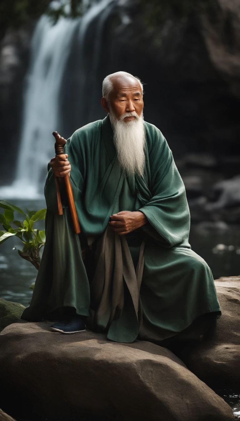 Old man of ancient China,Full of wisdom,gray hair and beard,Deep vision,Full body photo of the front,Sit cross-kneeled on a huge rock,Behind is green water,Bright light,Ultra-clear,8K,Gray robe,close-up imagery