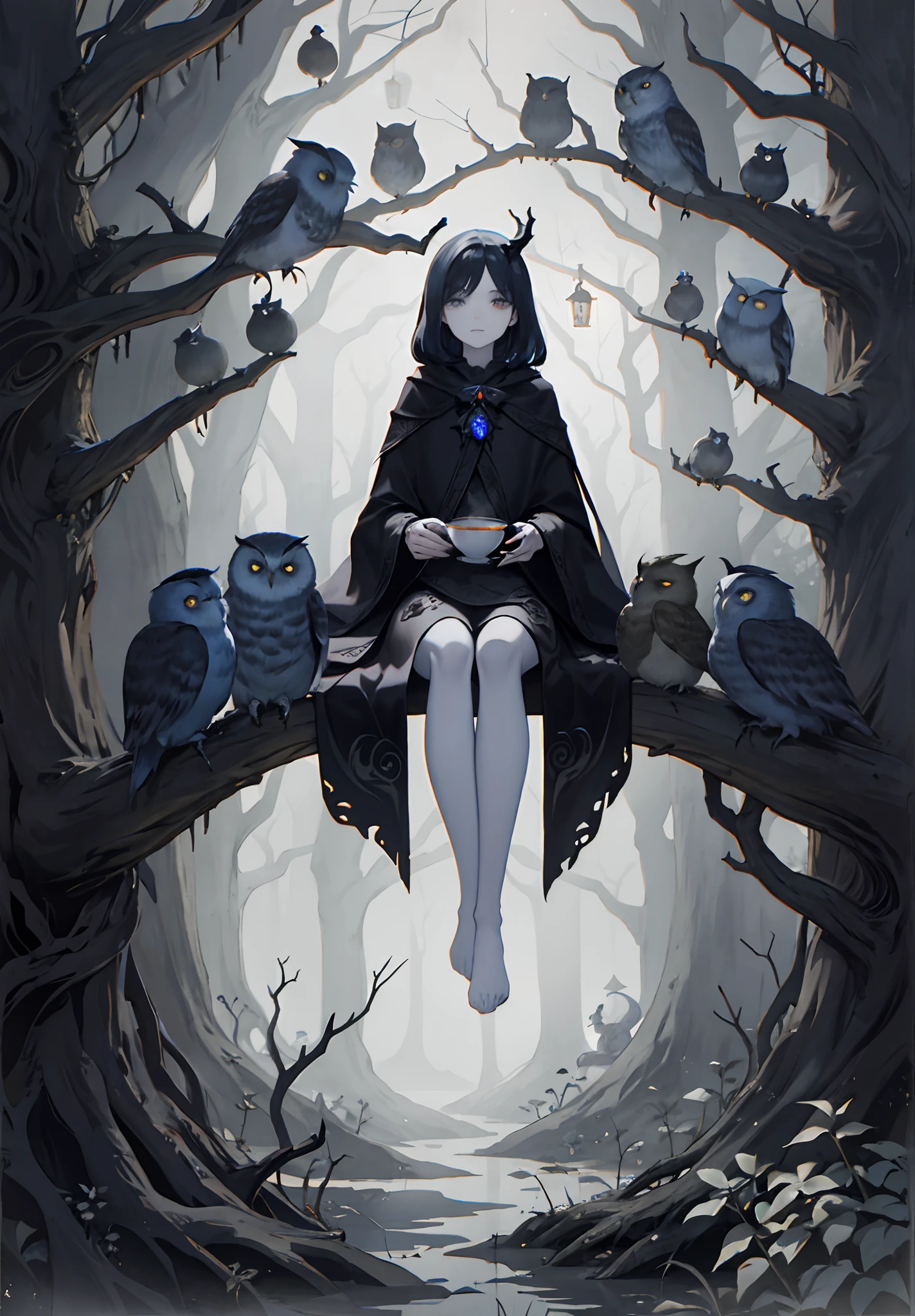 there is a woman sitting on a tree branch with owls, she has a tea cup in her hand, in style of dark fantasy art, dark fantasy style art, dark fantasy illustration, eerie art style, dark, loish and wlop, cloaked, forest soul, dark illustration, loish |, witch in the woods, an ominous fantasy illustration, dark fantasy artwork, by Ryan Yee