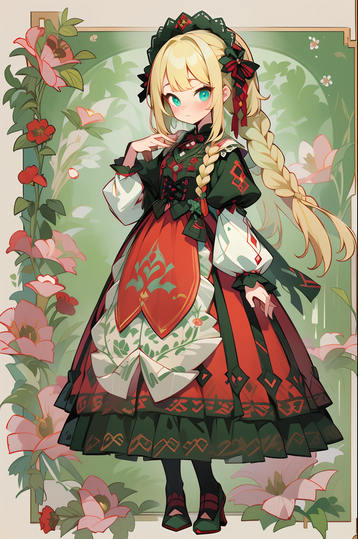 (1 Gothic Lolita), (standing full-body), (Full body standing painting), 1 Princess，(standing full-body)，独奏, BJD dolls, Blush, long  skirt，character  design, fanciful, alice in the wonderland, Gothic Lolita red dress, Green high socks, White flowers, ((red colour)), Blonde hair, Short hair, Double up braid, tmasterpiece, top Quority，best qualtiy，超高分辨率，Exquisite facial features,