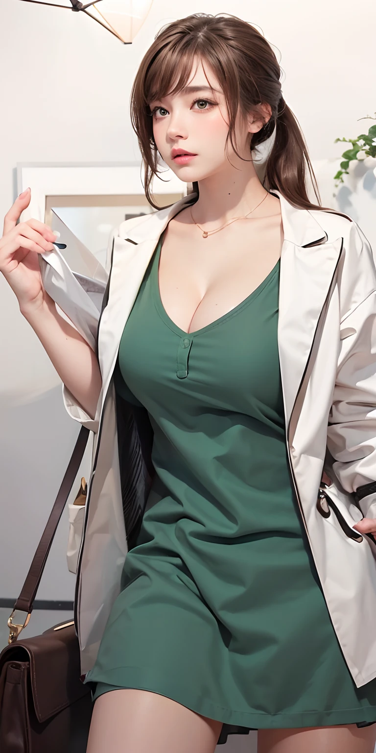 1girl,huge breast, brown hair,green and white clothes, ultra detailed, masterpiece, realistic