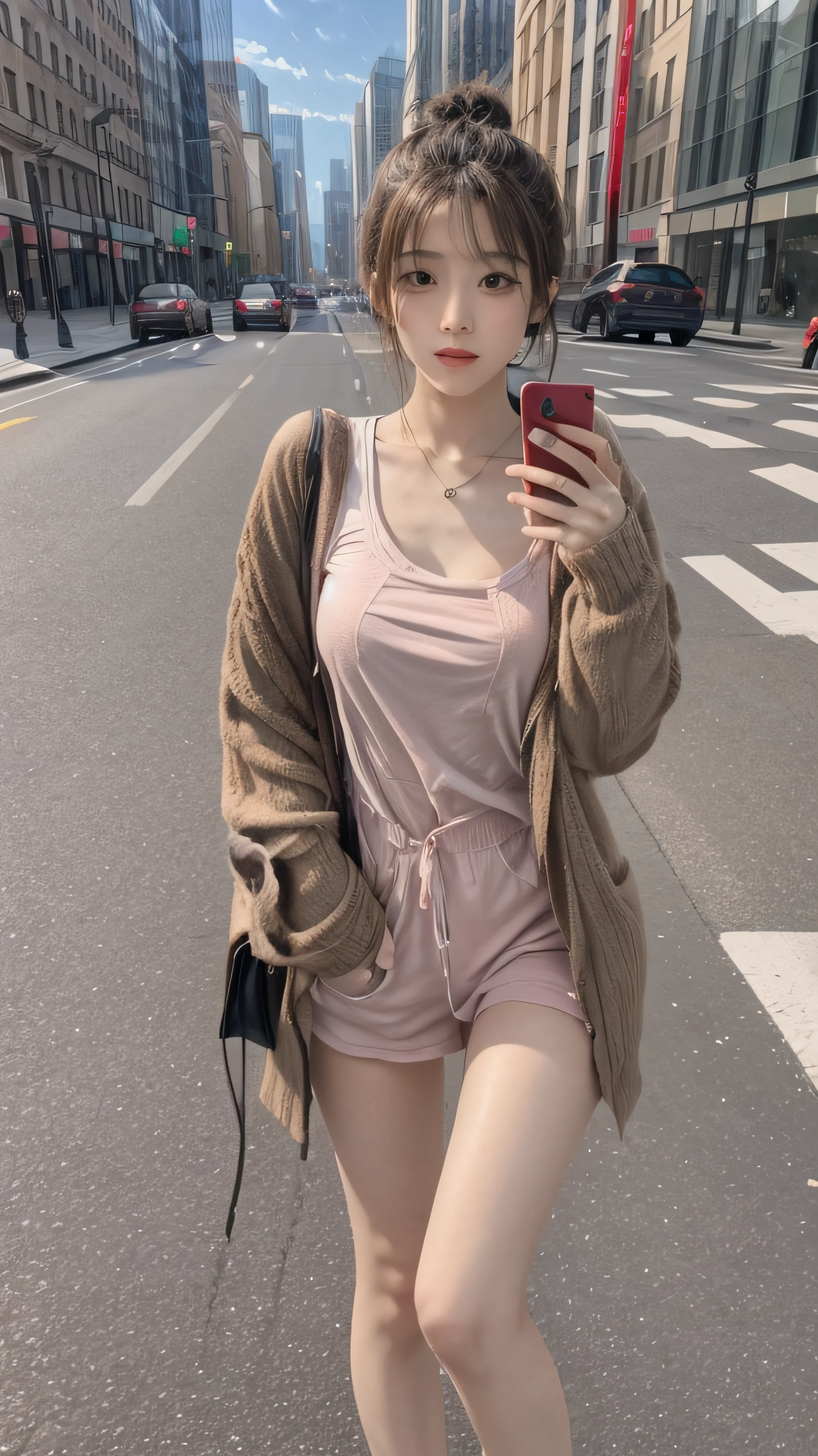 Beautiful woman, fiddling with cell phone in the middle of the street, short clothes
