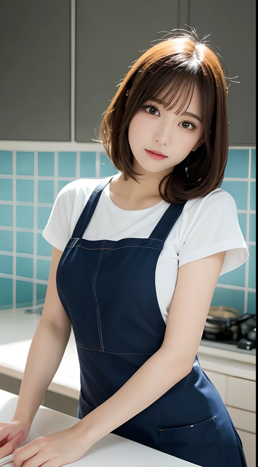 Best picture quality (8K, high resolution, Masterpiece: 1.2), super detailed,  215 Short Hair, 16-year-old woman, 

situation: Woman cooking in kitchen。
clothing: apron、Casual tops、jeans。
Hairstyle: Tie your twin tails neatly、Homely atmosphere。
angle:
Close-up: When cutting ingredients,、A detailed look at the seriousness of the chef as he prepares the food。
Detailed depiction: Kitchen utensils and seasonings in the background、Emphasizing the joy of cooking。
Emotional moment: Smiling faces enjoying cooking、Capturing the satisfaction of creating delicious food


, random cute pose ,big eyes ,Puffy eyes ,  Heart Pupil, blush  , huge shy smile , salute

