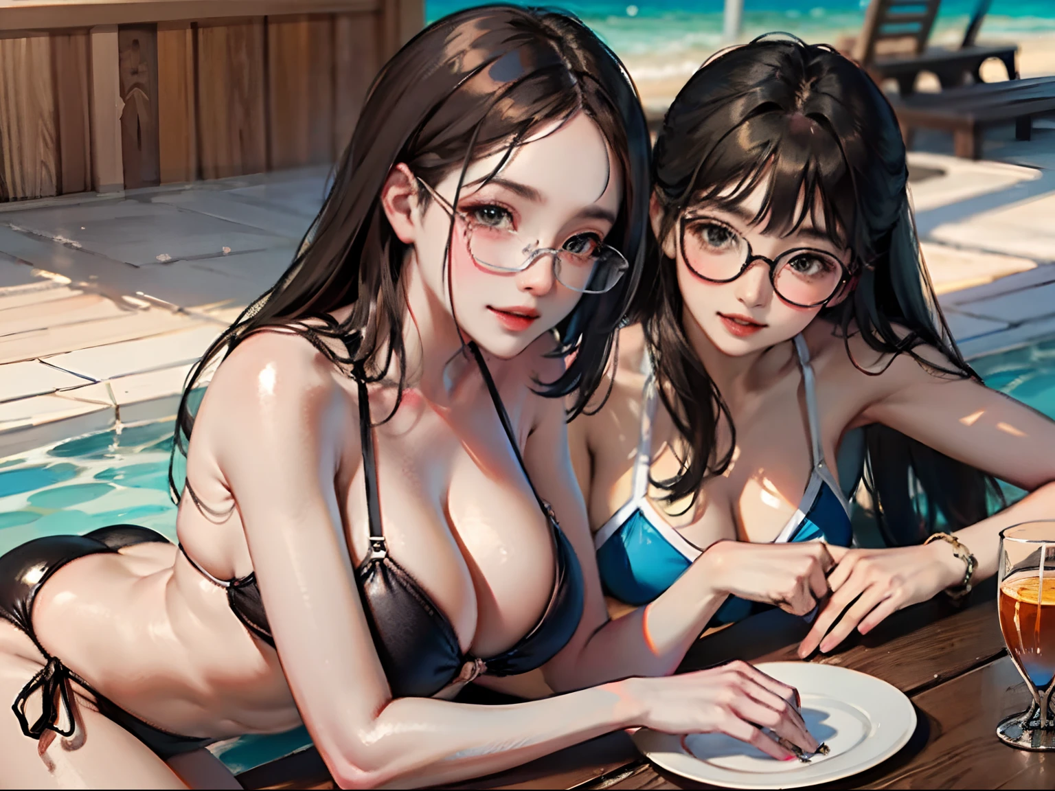 realisticlying、Face Real、one-girl、Beach swimwear、rnsexy smile、Bigger breasts、sexyposture、dining room，With black-framed glasses，cabelos preto e longos，比基尼，Three-point swimsuit