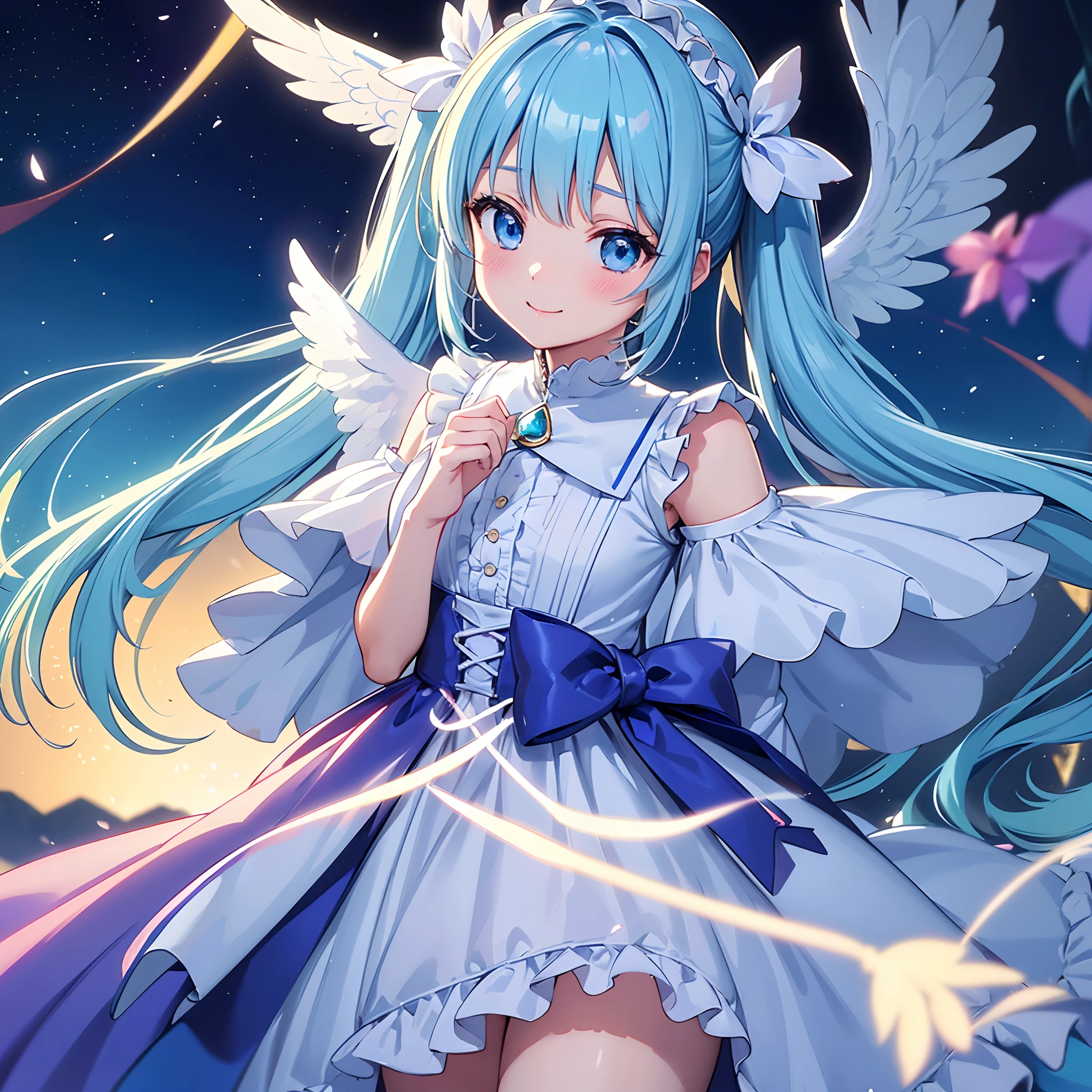 Angel wings shining in seven colors、1 kawaii girl、adorable smiling、Twin tails with long light blue hair、Colorful angel costume in lolita style with ruffles、A blizzard of fluttering flowers(Some photos)、((top-quality))、((masterpiece))、(ighly detailed、highestdetailed、Official art、Beautifully Aesthetic:1.2)